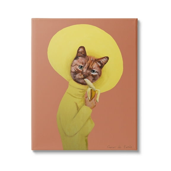 Stupell Industries Yellow Cat Eating Banana Painting Animals & Insects Painting Gallery Wrapped Canvas Print Wall Art