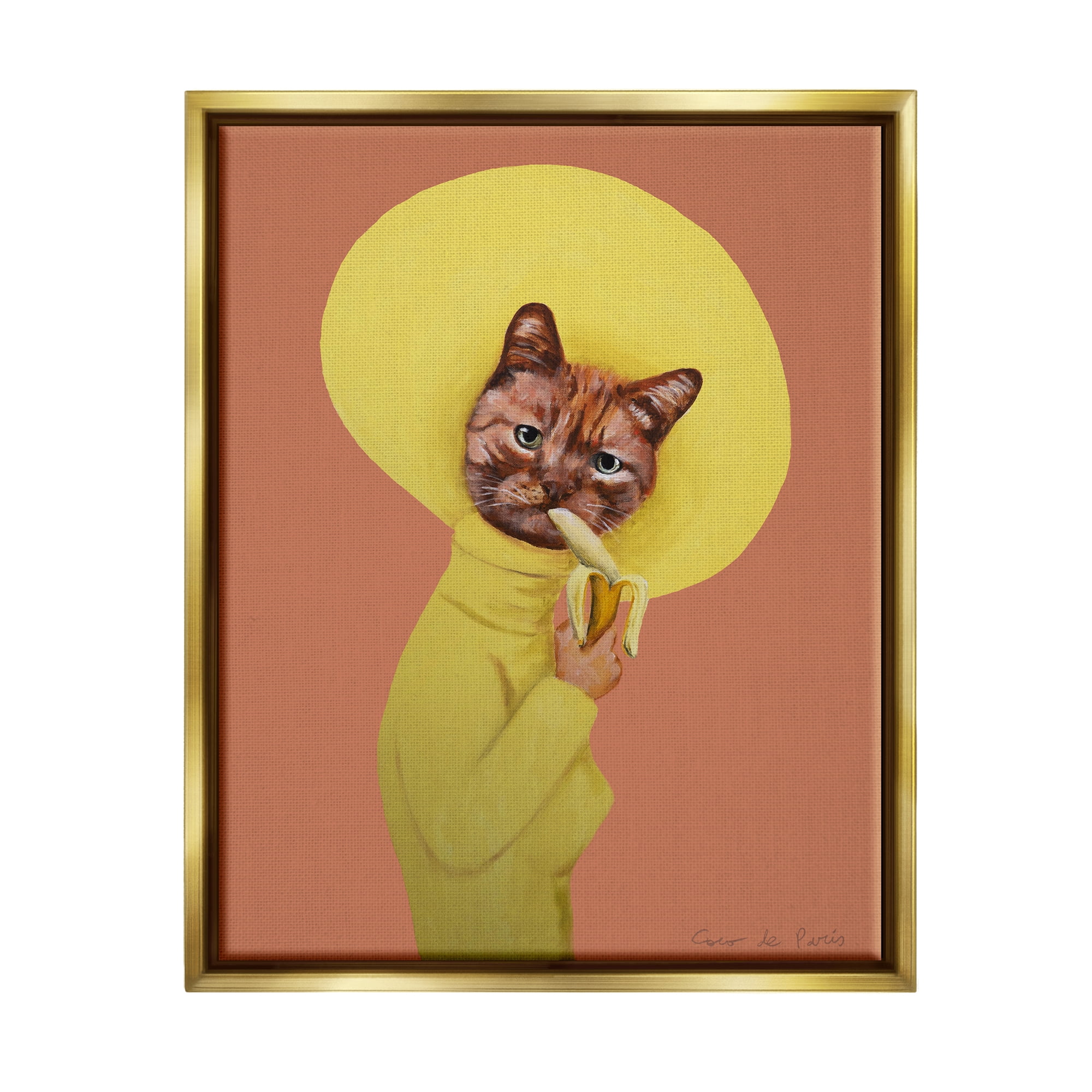 Stupell Industries Yellow Cat Eating Banana Painting Animals & Insects Painting Gold Floater Framed Art Print Wall Art