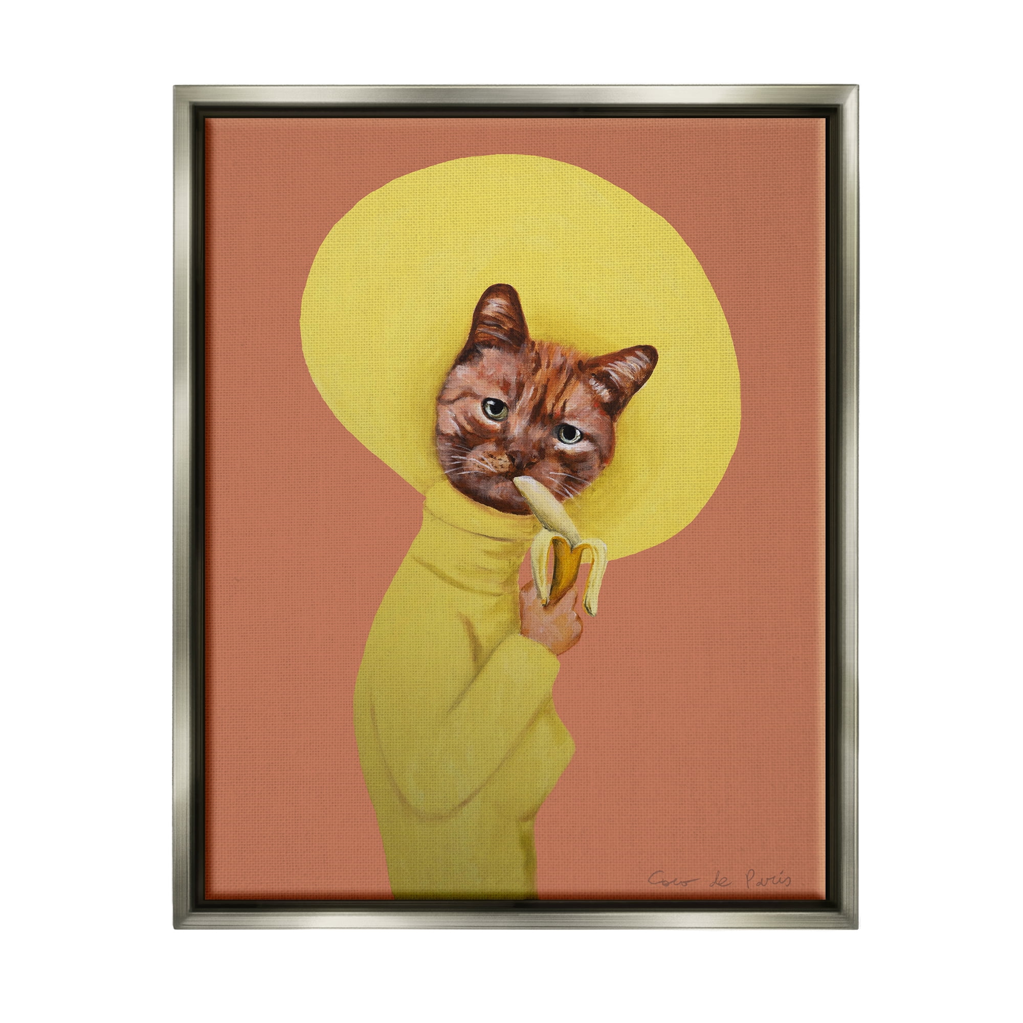 Stupell Industries Yellow Cat Eating Banana Painting Animals & Insects Painting Gray Floater Framed Art Print Wall Art