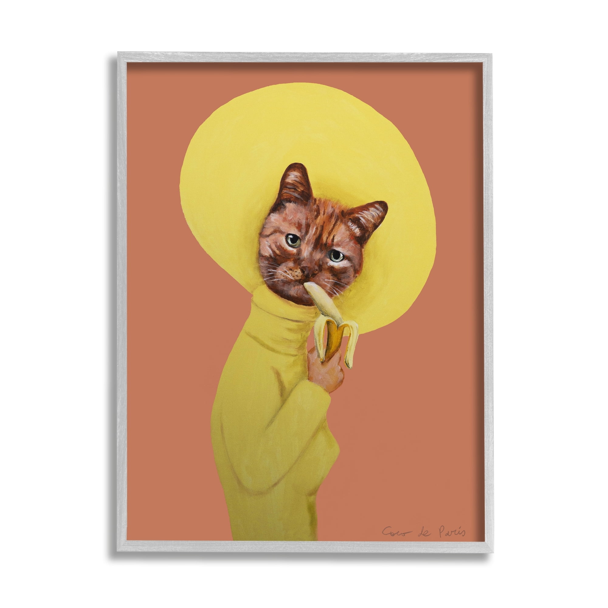 Stupell Industries Yellow Cat Eating Banana Painting Animals & Insects Painting Gray Framed Art Print Wall Art