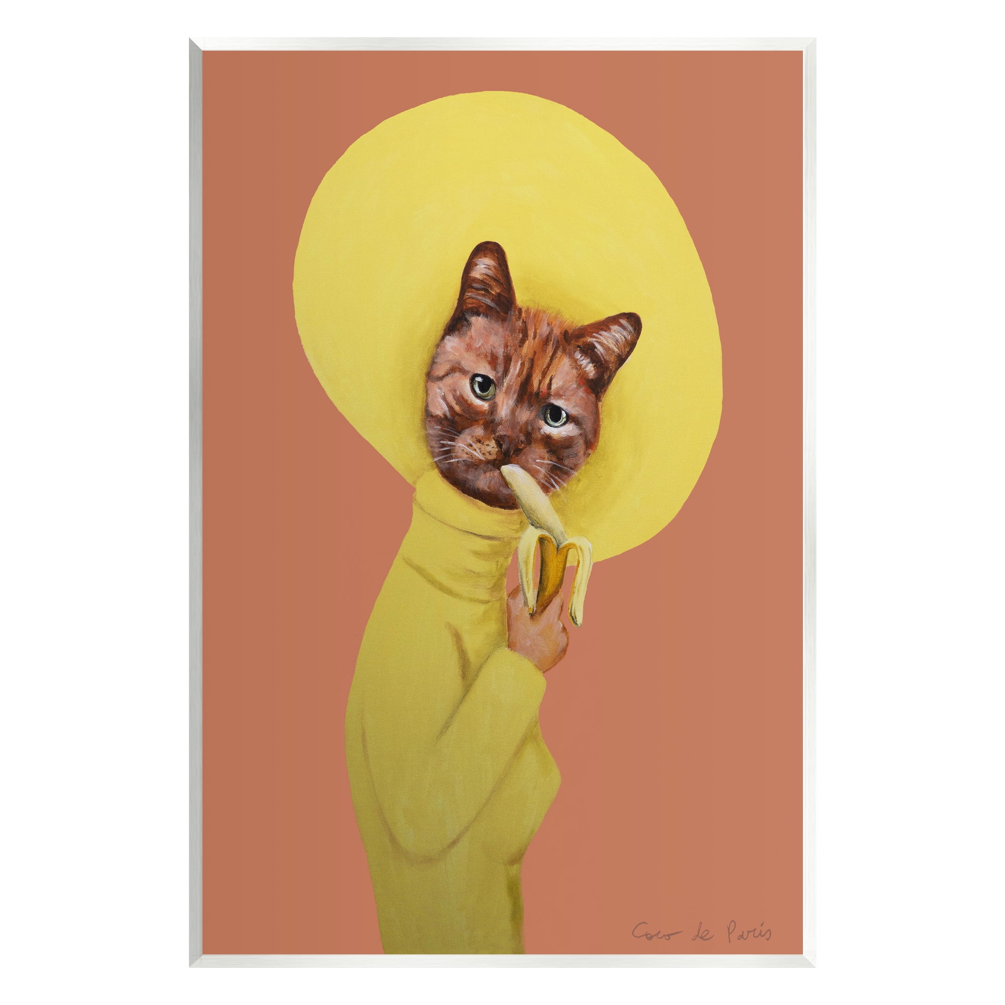 Stupell Industries Yellow Cat Eating Banana Painting Animals & Insects Painting Unframed Art Print Wall Art