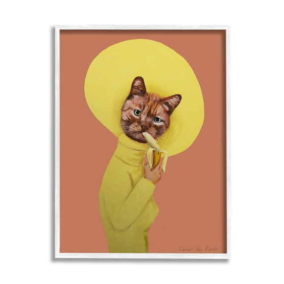 Stupell Industries Yellow Cat Eating Banana Painting Animals & Insects Painting White Framed Art Print Wall Art