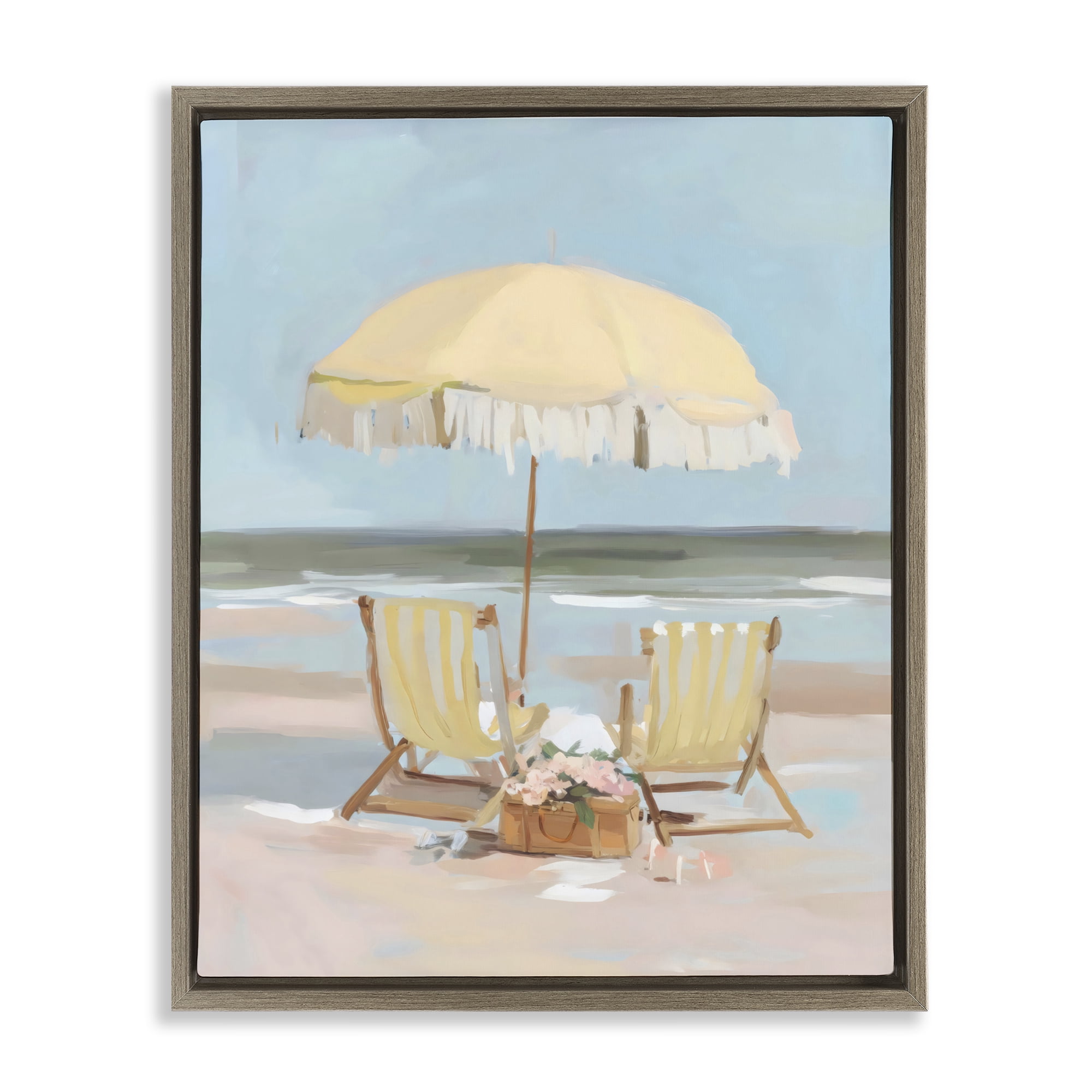 Stupell Industries Yellow Chairs Beach Relaxation Brown Framed Floater Canvas Wall Art, design by Sisi and Seb