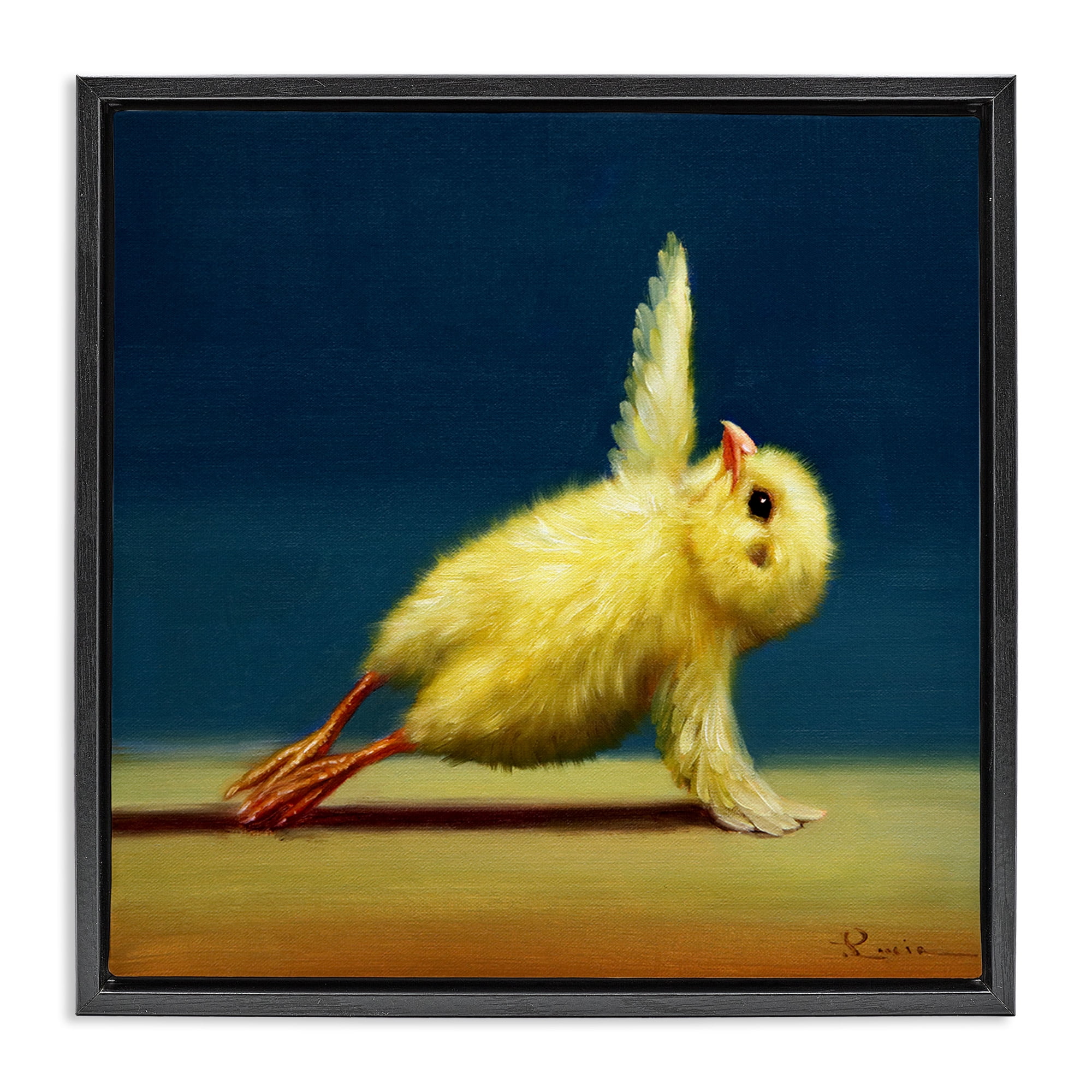 Stupell Industries Yellow Chick Stretching Yoga Animals & Insects Painting Black Floater Framed Canvas Art Print Wall Art, 25 x 25
