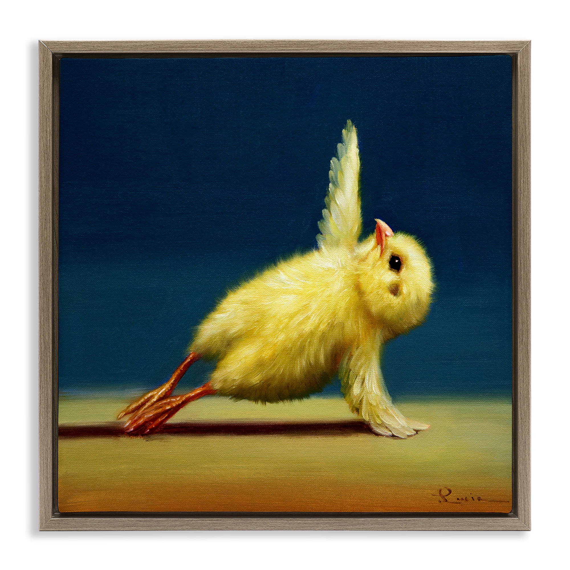 Stupell Industries Yellow Chick Stretching Yoga Animals & Insects Painting Brown Floater Framed Canvas Art Print Wall Art, 25 x 25