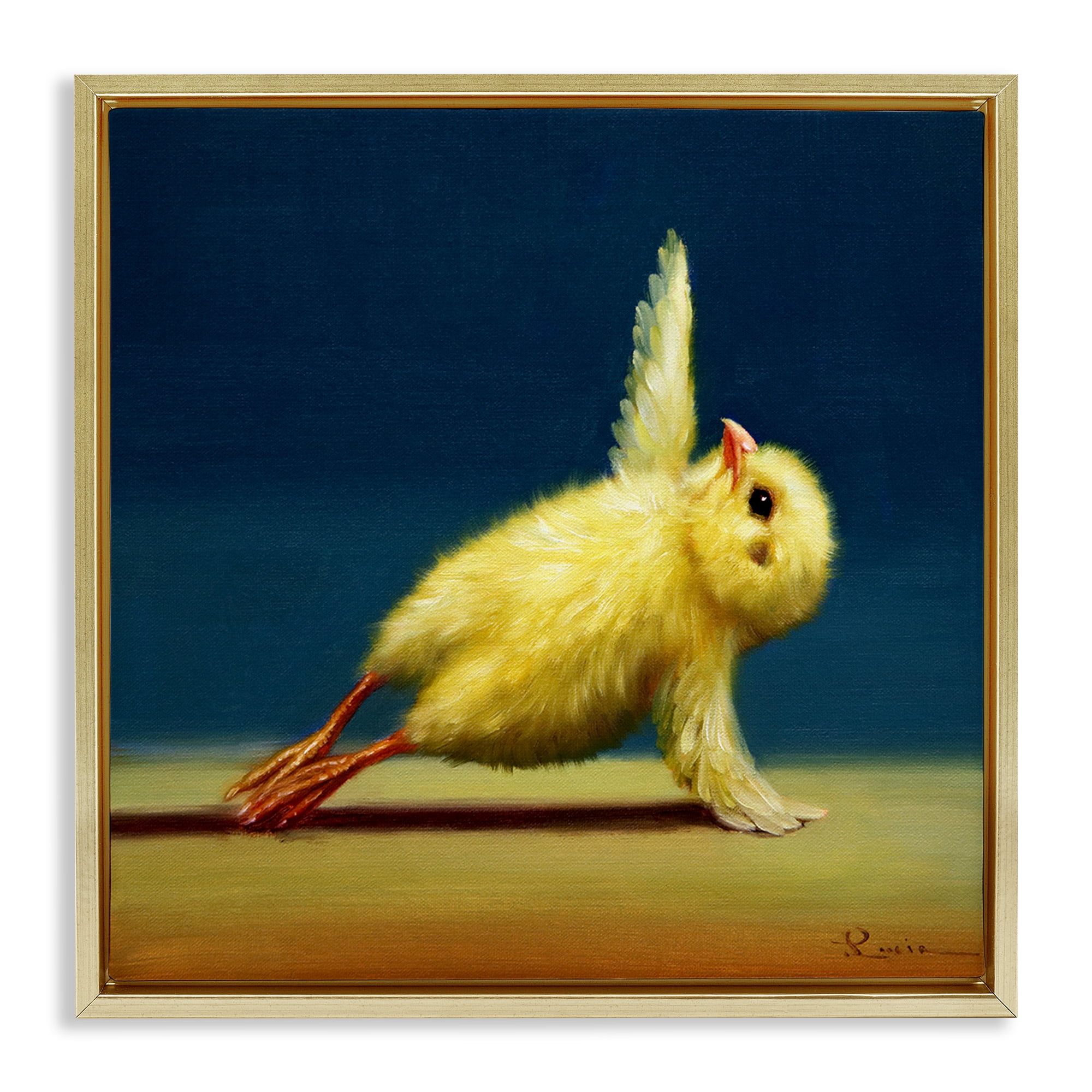 Stupell Industries Yellow Chick Stretching Yoga Animals & Insects Painting Gold Floater Framed Canvas Art Print Wall Art, 18 x 18