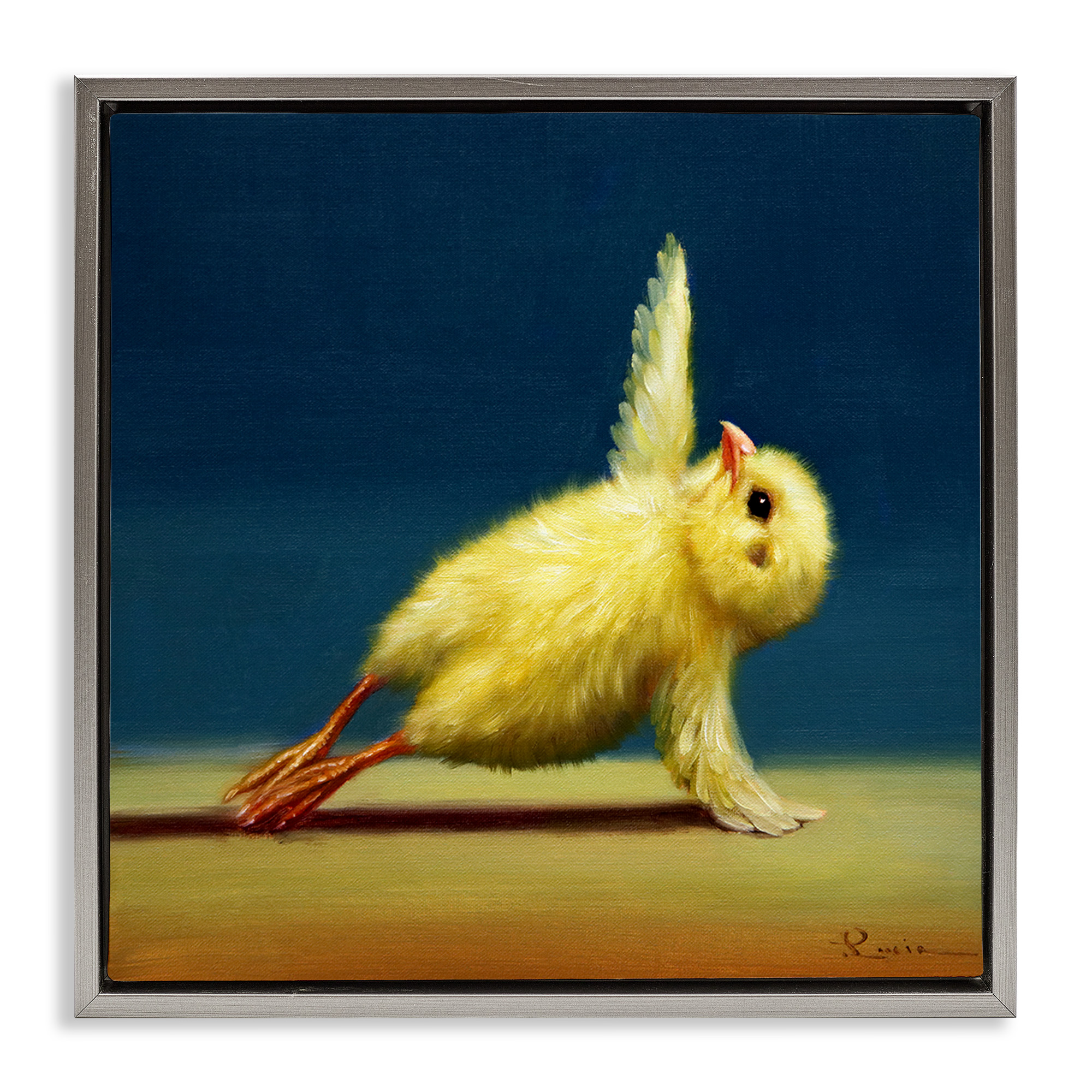 Stupell Industries Yellow Chick Stretching Yoga Animals & Insects Painting Gray Floater Framed Canvas Art Print Wall Art, 25 x 25