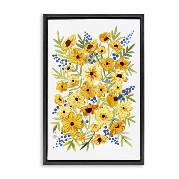 Stupell Industries Yellow Cosmos & Berries Botanical & Floral Painting Black Floater Framed Art Print Wall Art, 21 x 31