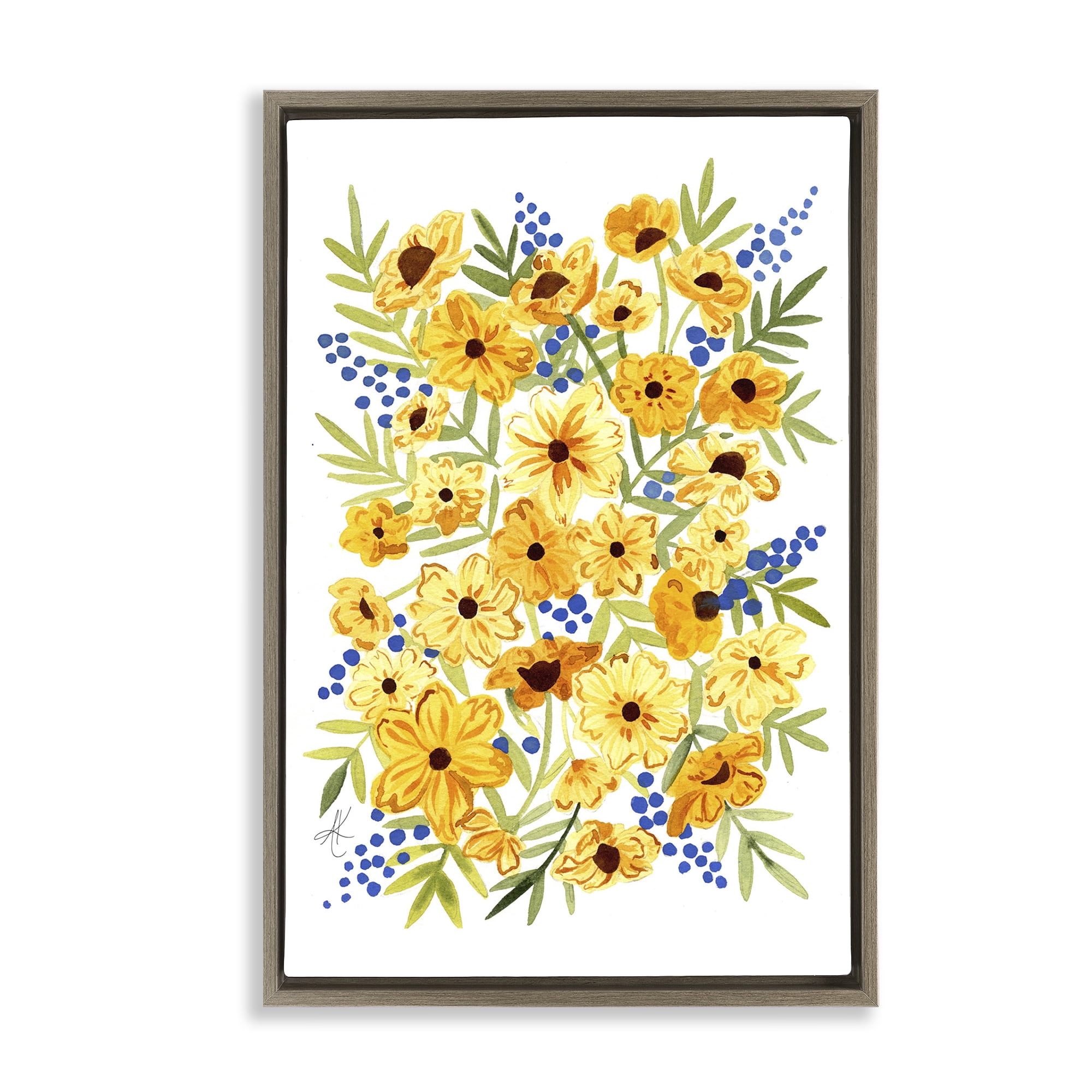 Stupell Industries Yellow Cosmos & Berries Botanical & Floral Painting Brown Floater Framed Art Print Wall Art, 21 x 31