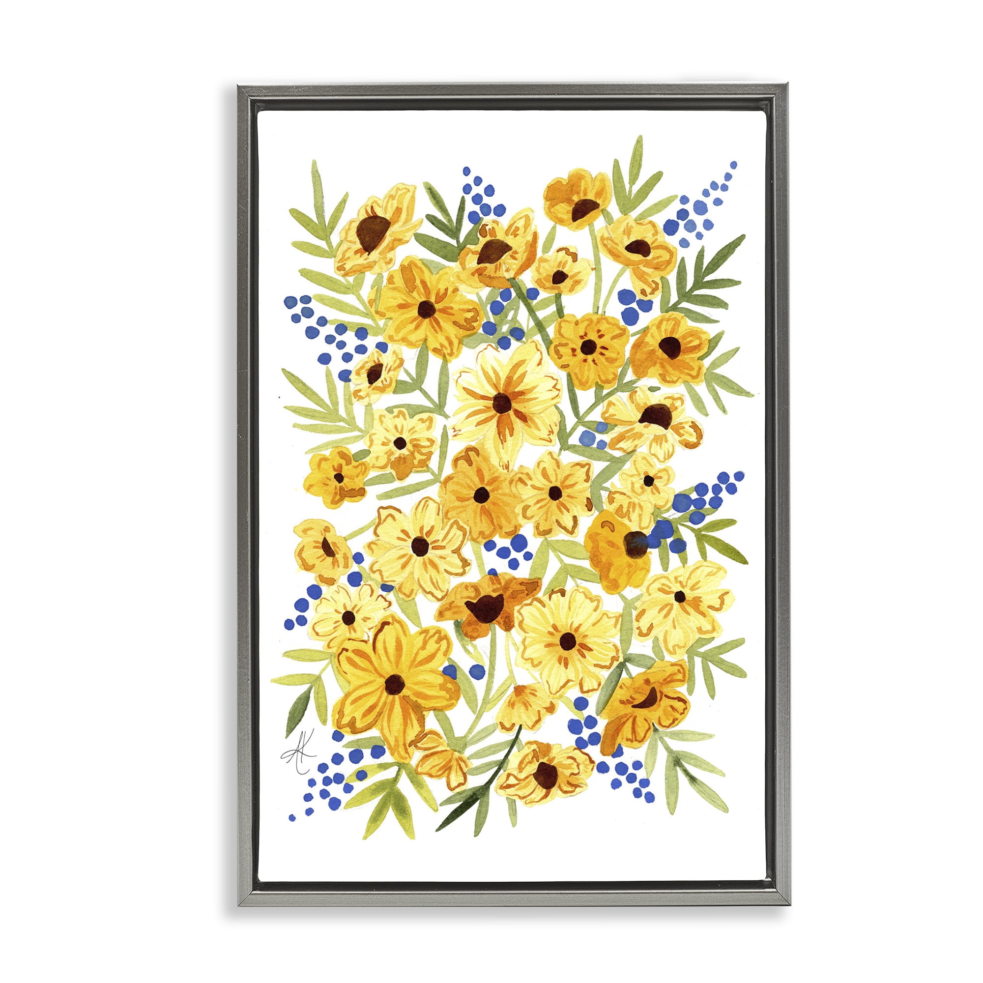 Stupell Industries Yellow Cosmos & Berries Botanical & Floral Painting Gray Floater Framed Art Print Wall Art, 17 x 25