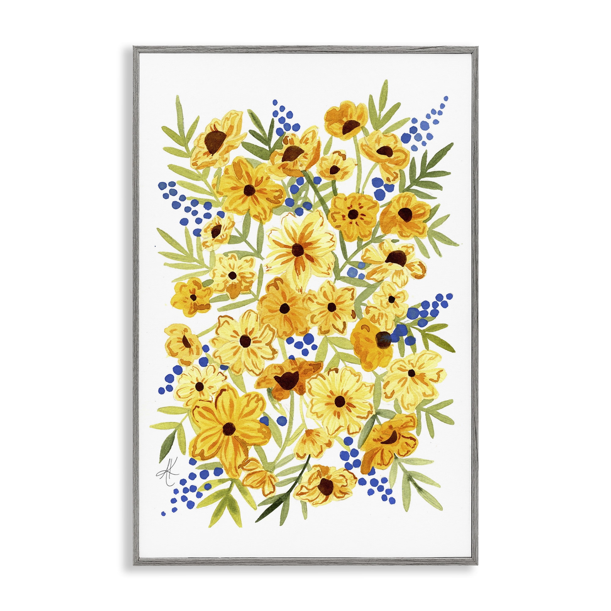 Stupell Industries Yellow Cosmos & Berries Botanical & Floral Painting Gray Framed Art Print Wall Art, 12 x 18