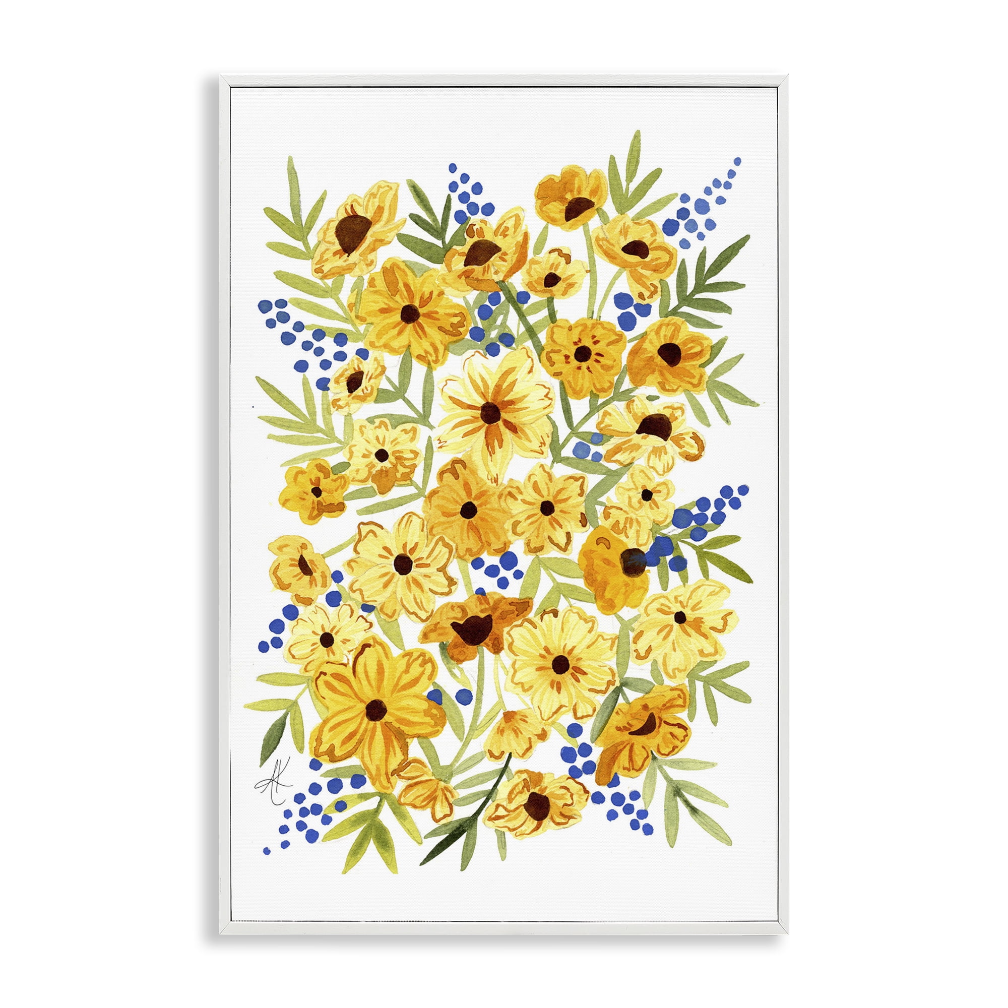 Stupell Industries Yellow Cosmos & Berries Botanical & Floral Painting White Framed Art Print Wall Art, 12 x 18