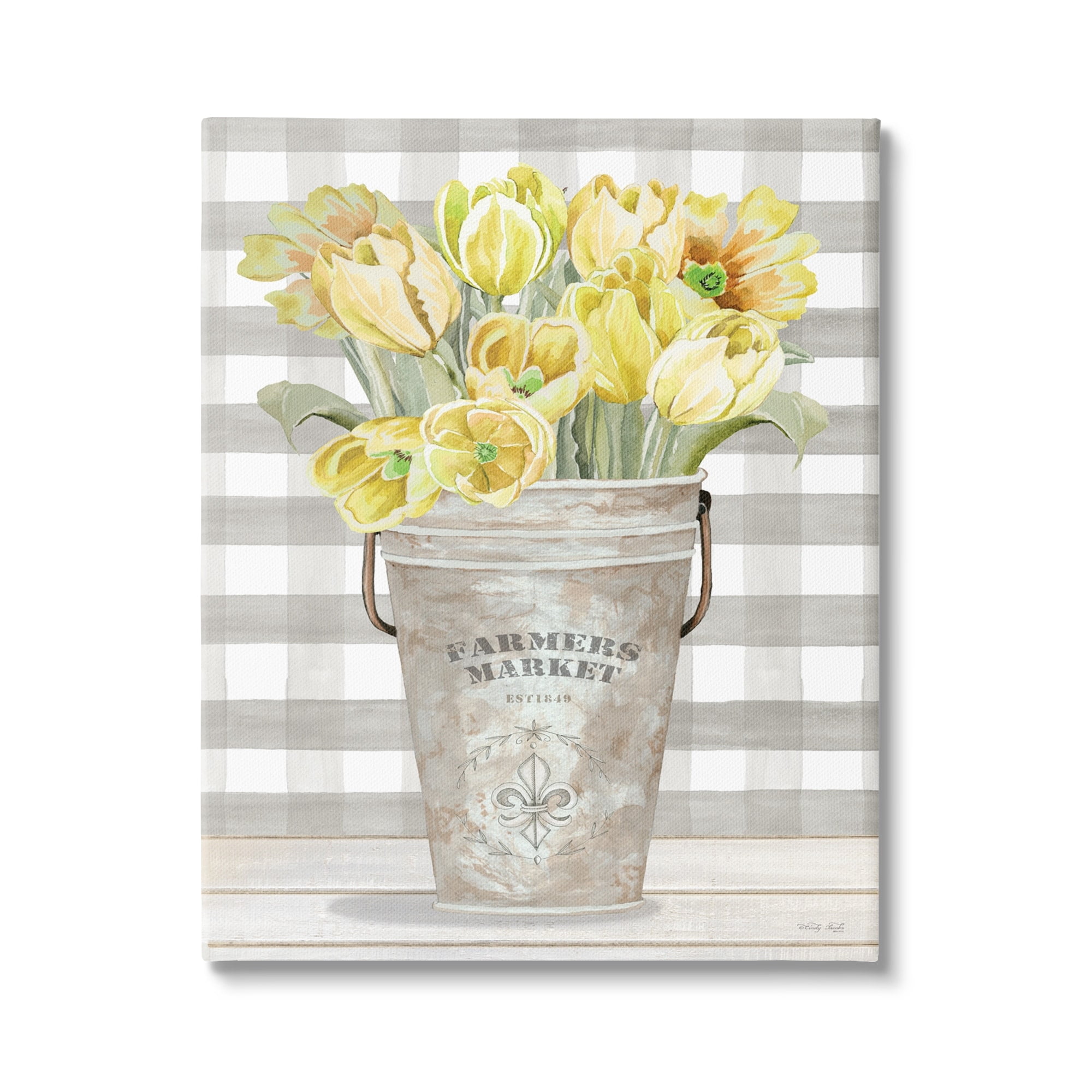 Stupell Industries Yellow Country Tulips Bouquet Tartan Farmers Market Planter, 24 x 30, Design by Cindy Jacobs