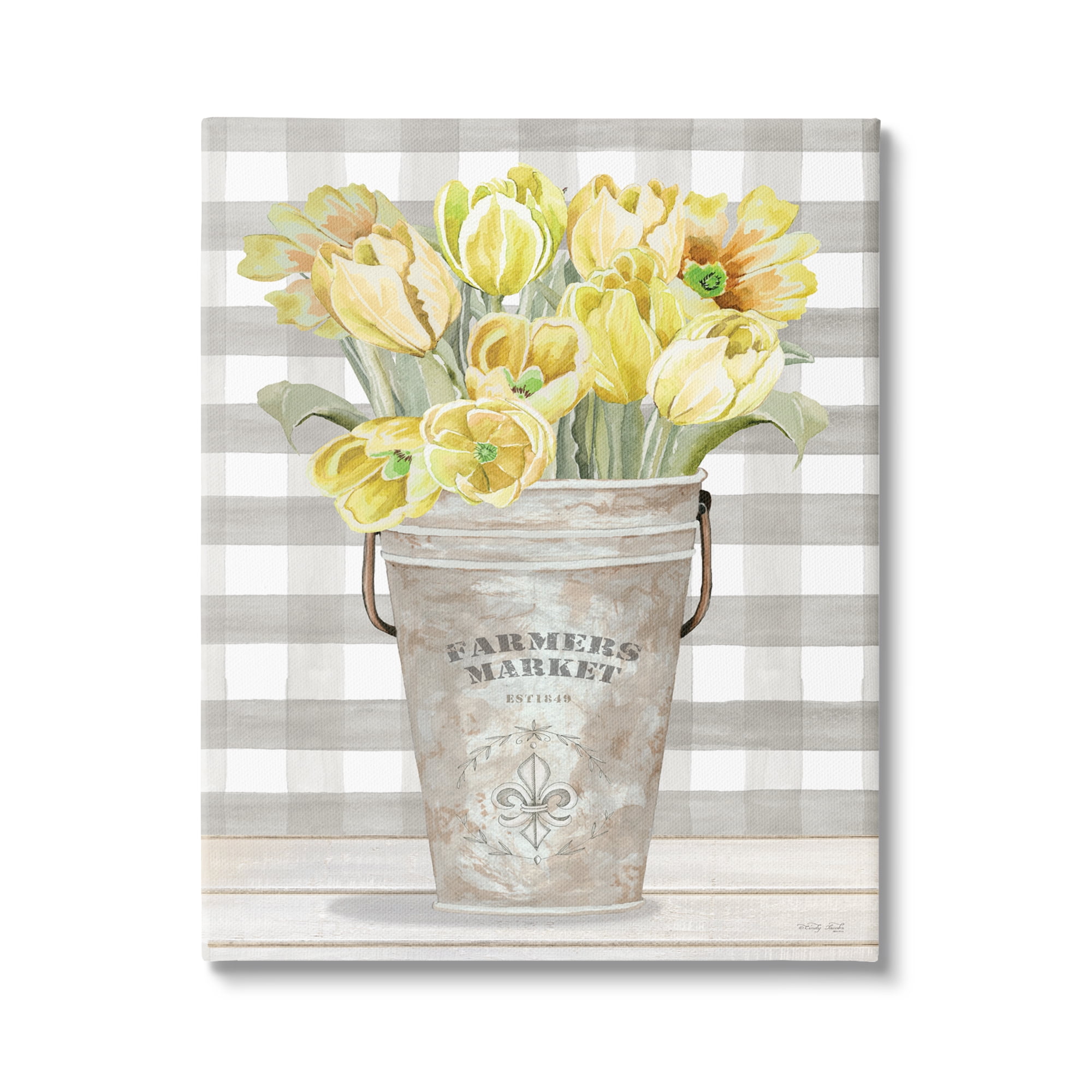 Stupell Industries Yellow Country Tulips Bouquet Tartan Farmers Market Planter, 36 x 48, Design by Cindy Jacobs