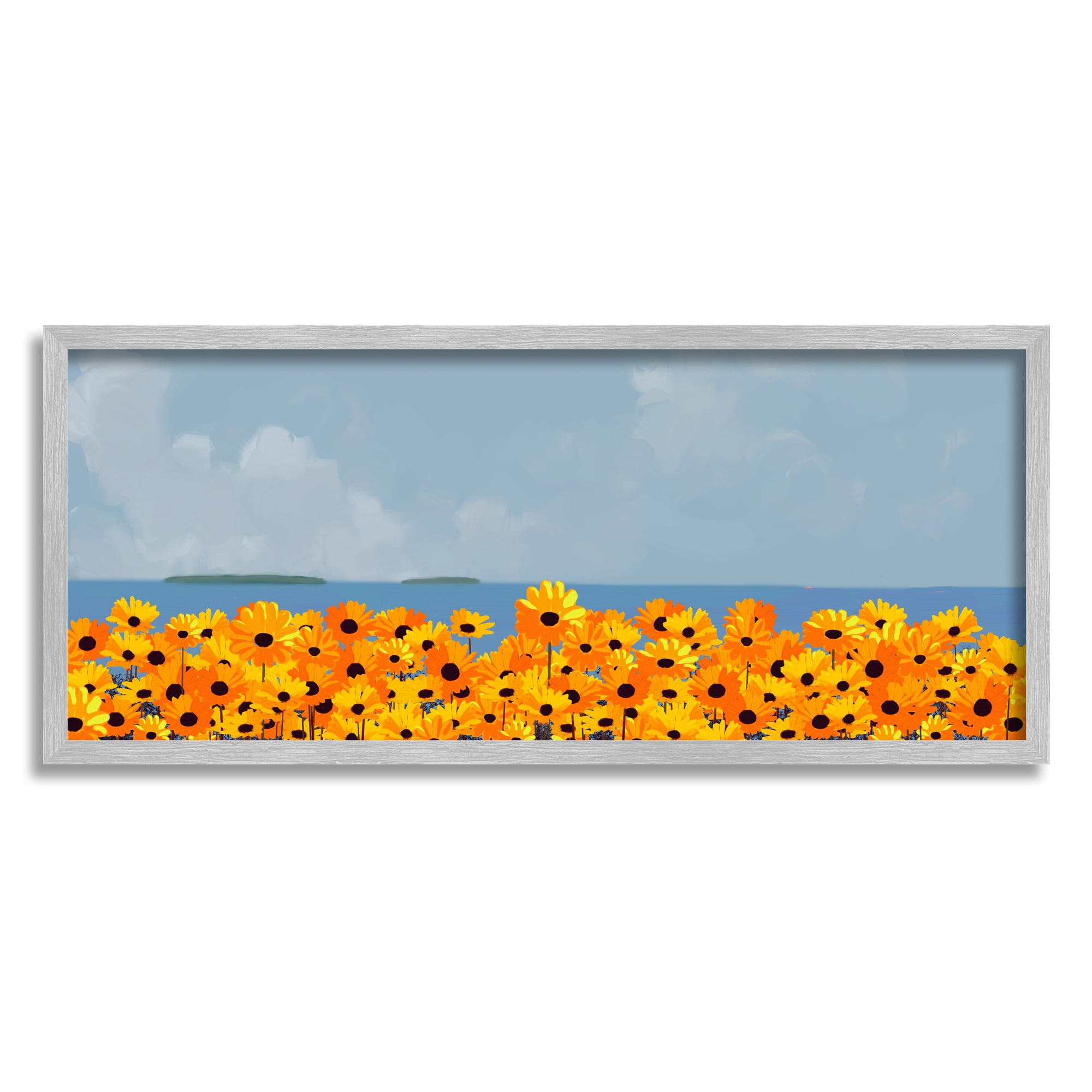 Stupell Industries Yellow Daisies by Sea Botanical & Floral Painting Gray Framed Art Print Wall Art, 24 x 10