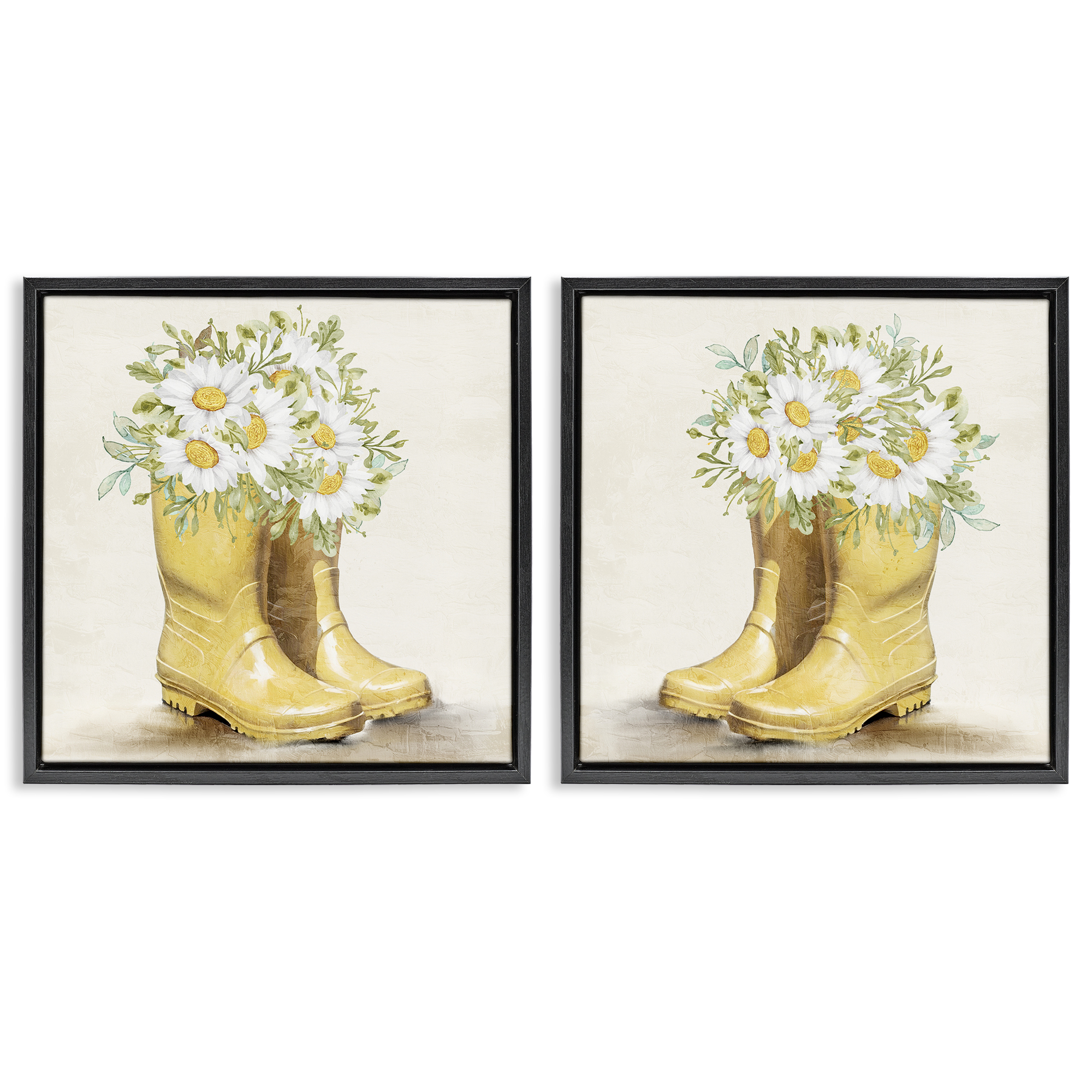 Stupell Industries Yellow Garden Boots Daisies Plants & Flowers Painting Black Floater Framed Canvas Art Print Wall Art, 25 x 25, Set of 2