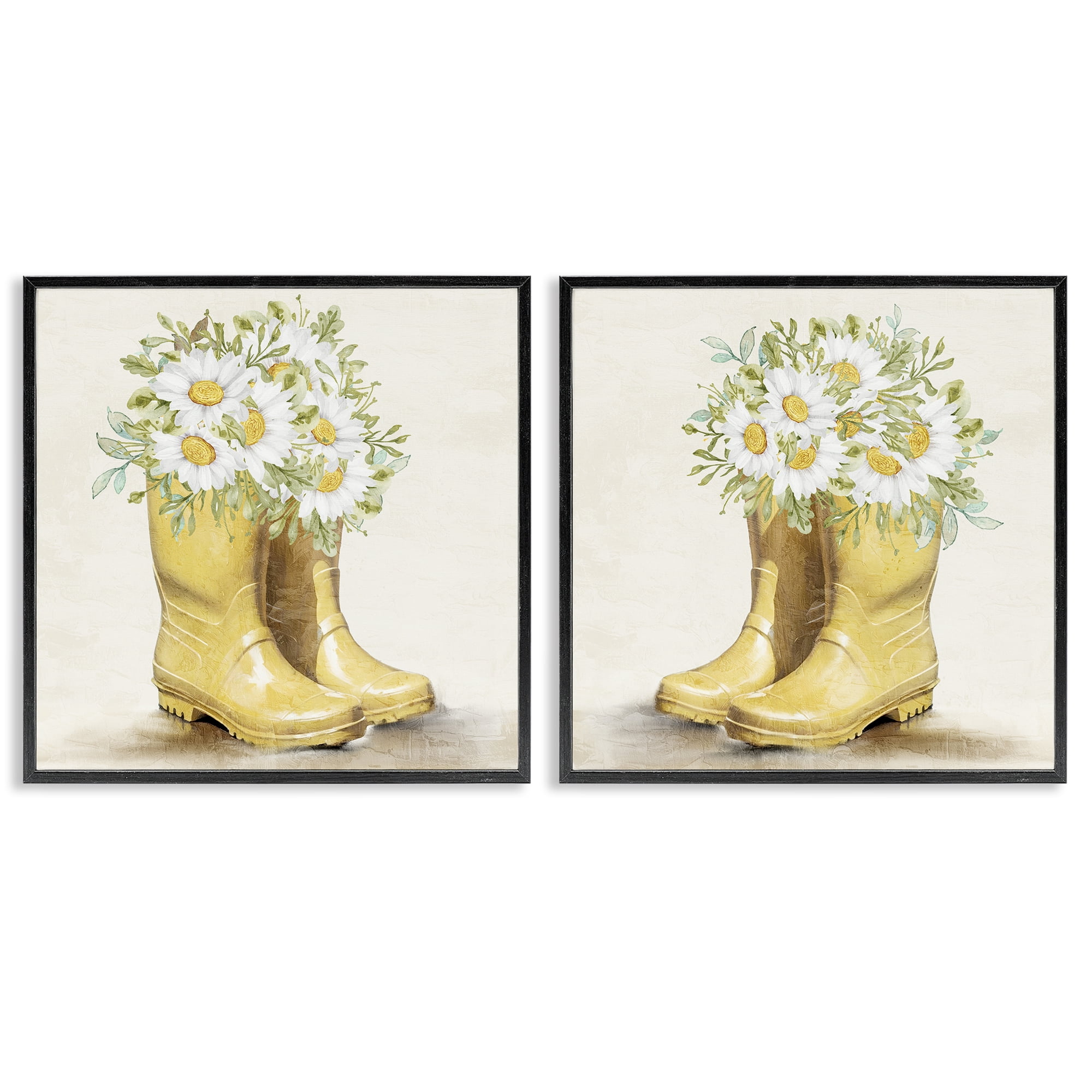 Stupell Industries Yellow Garden Boots Daisies Plants & Flowers Painting Black Framed Art Print Wall Art, 12 x 12, Set of 2