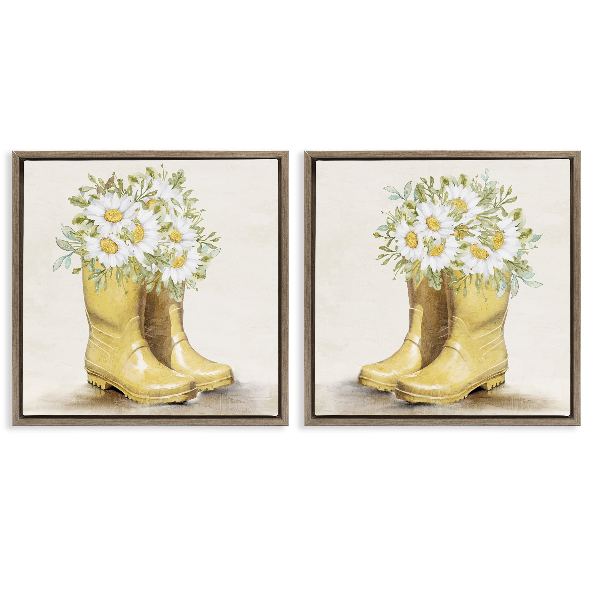 Stupell Industries Yellow Garden Boots Daisies Plants & Flowers Painting Brown Floater Framed Canvas Art Print Wall Art, 25 x 25, Set of 2