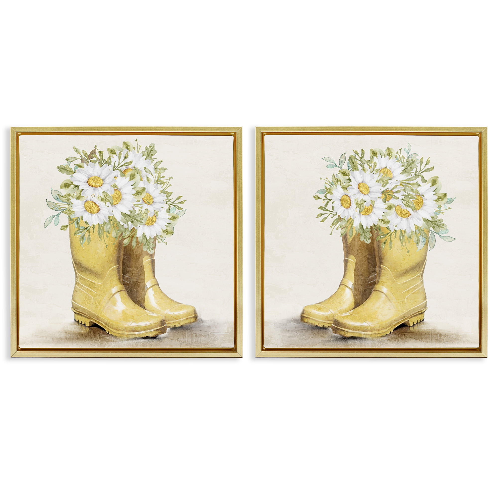 Stupell Industries Yellow Garden Boots Daisies Plants & Flowers Painting Gold Floater Framed Canvas Art Print Wall Art, 18 x 18, Set of 2