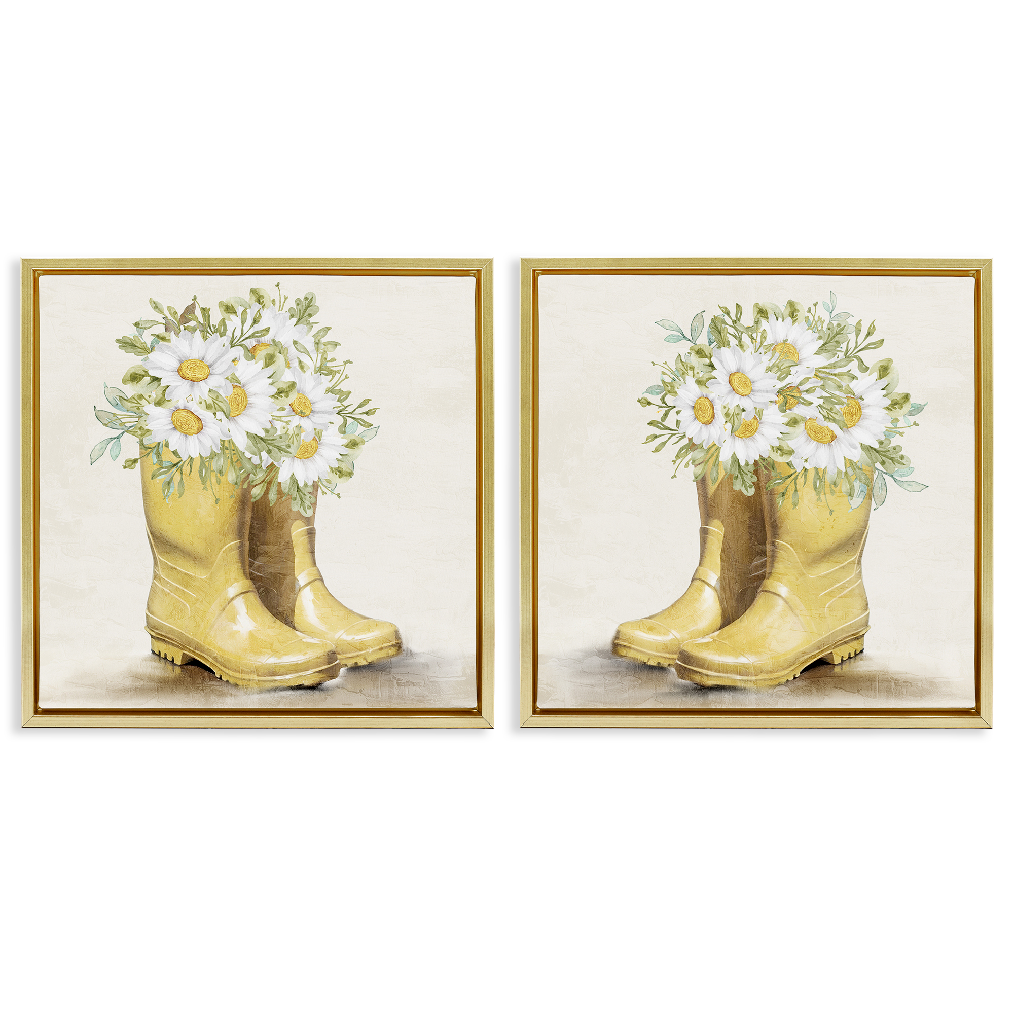 Stupell Industries Yellow Garden Boots Daisies Plants & Flowers Painting Gold Floater Framed Canvas Art Print Wall Art, 25 x 25, Set of 2