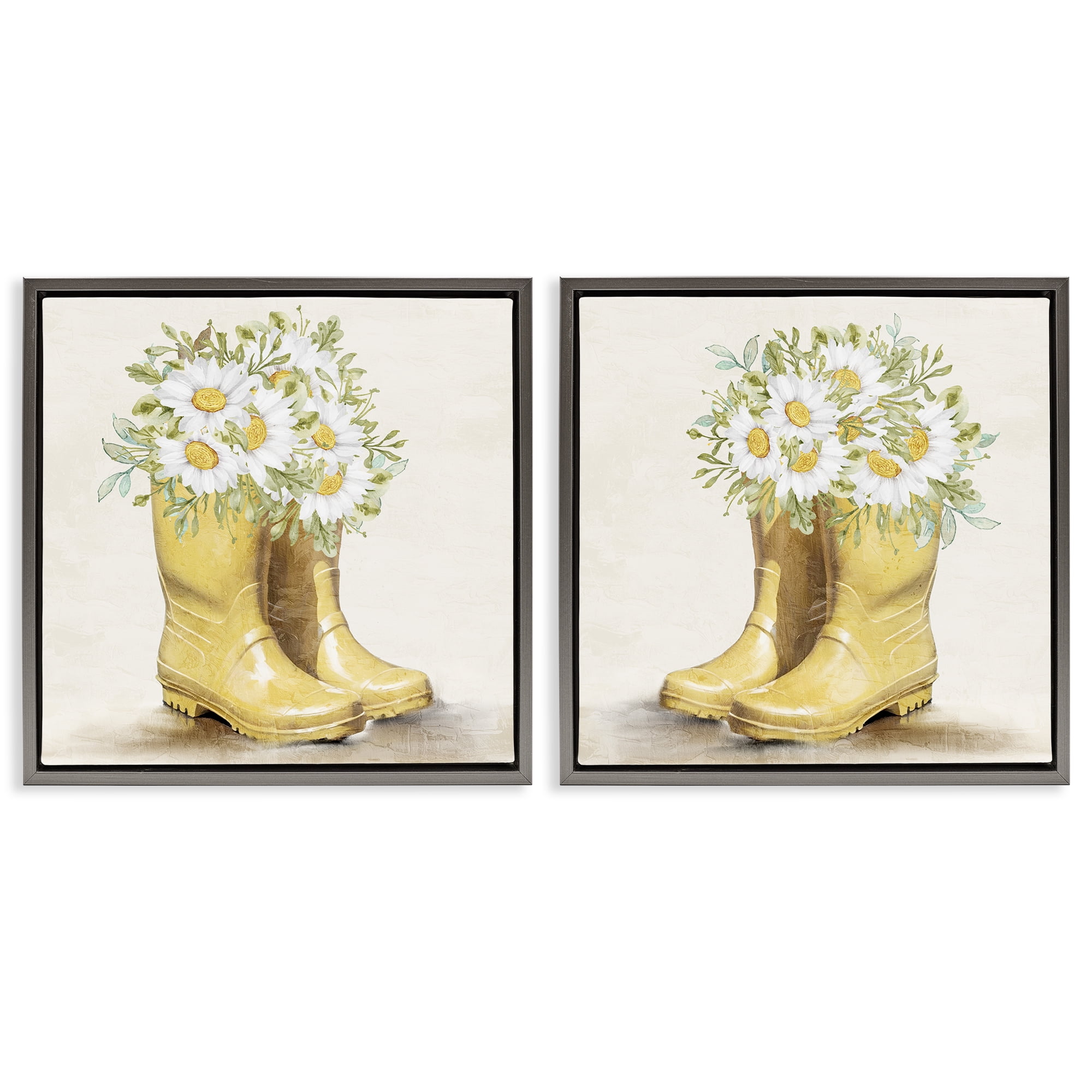 Stupell Industries Yellow Garden Boots Daisies Plants & Flowers Painting Gray Floater Framed Canvas Art Print Wall Art, 18 x 18, Set of 2