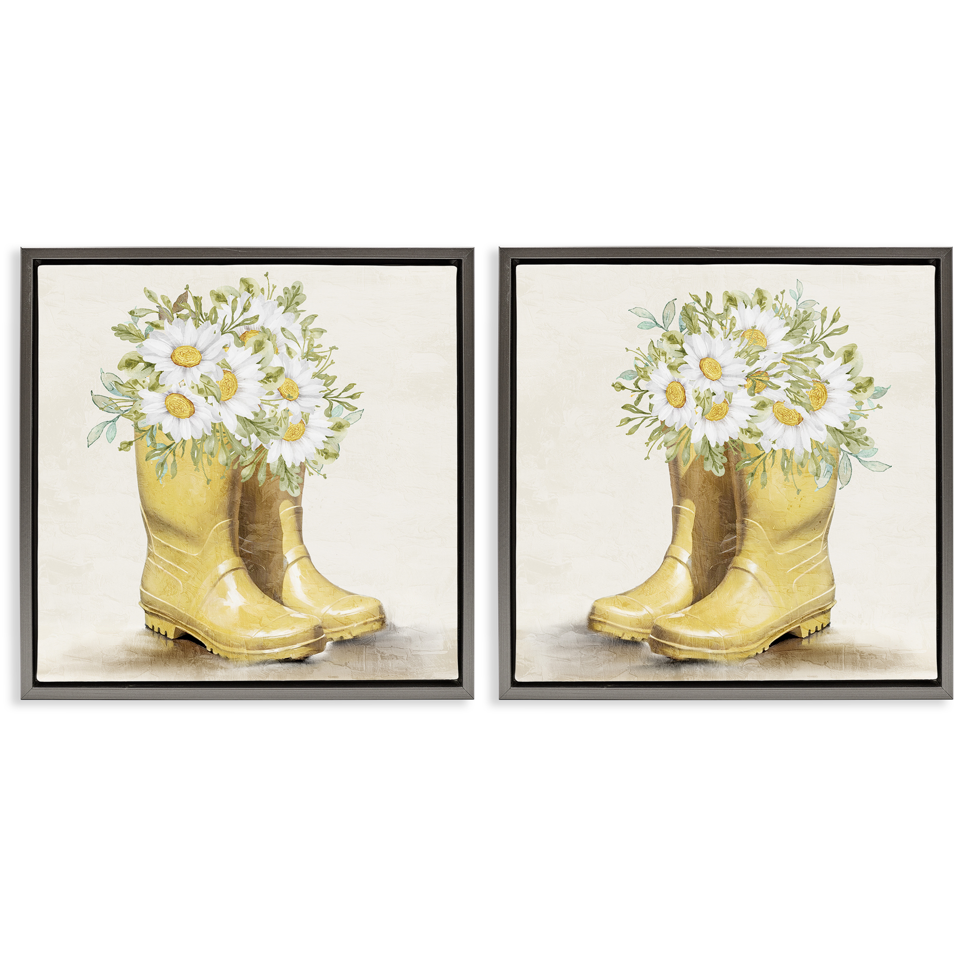 Stupell Industries Yellow Garden Boots Daisies Plants & Flowers Painting Gray Floater Framed Canvas Art Print Wall Art, 25 x 25, Set of 2