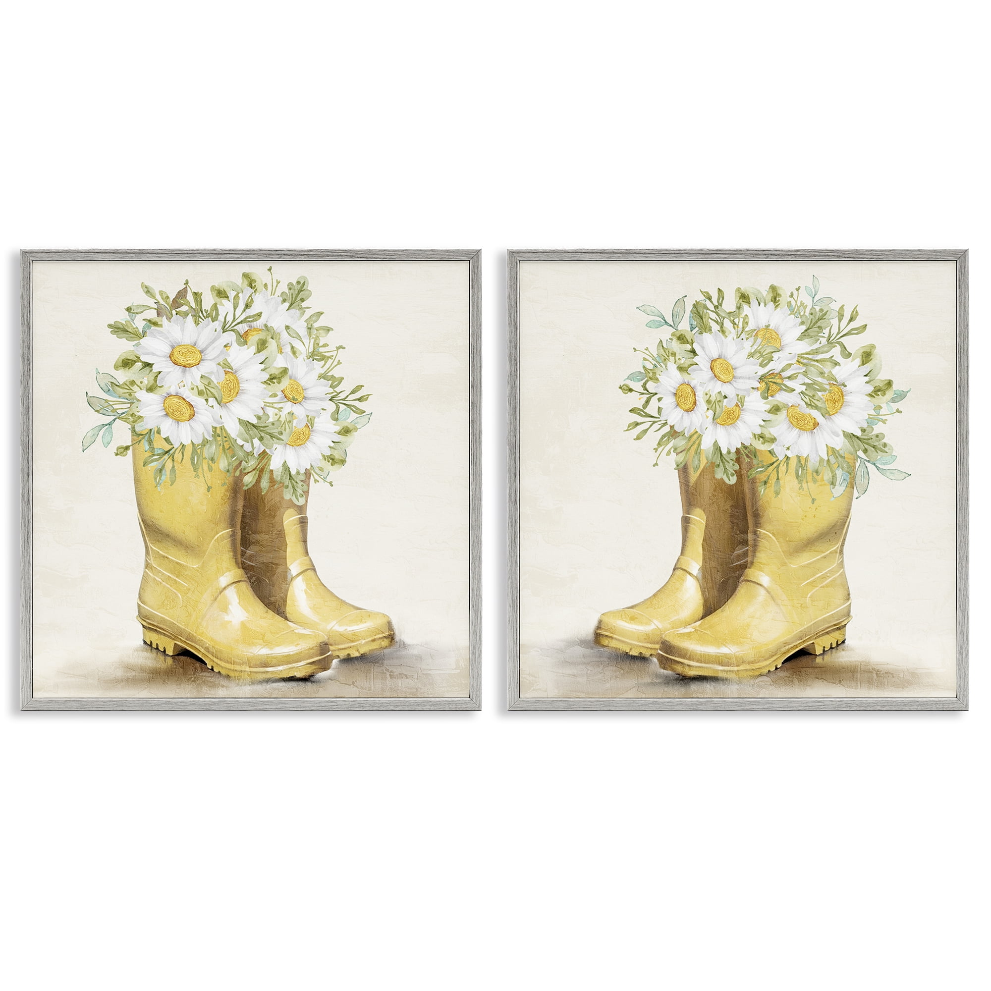 Stupell Industries Yellow Garden Boots Daisies Plants & Flowers Painting Gray Framed Art Print Wall Art, 17 x 17, Set of 2