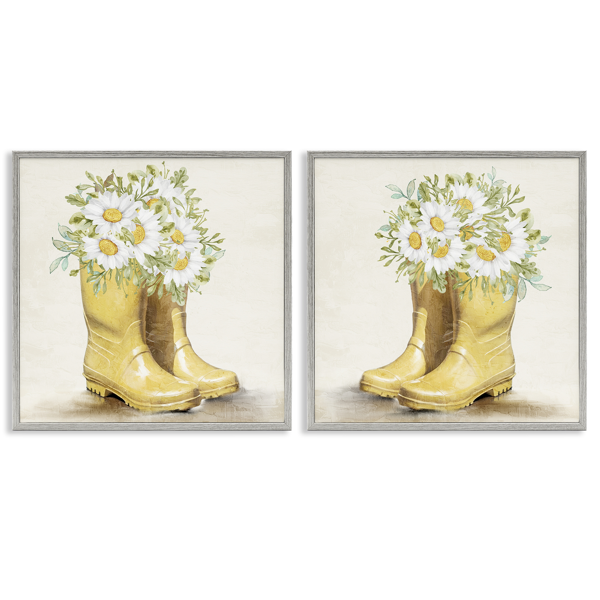 Stupell Industries Yellow Garden Boots Daisies Plants & Flowers Painting Gray Framed Art Print Wall Art, 24 x 24, Set of 2
