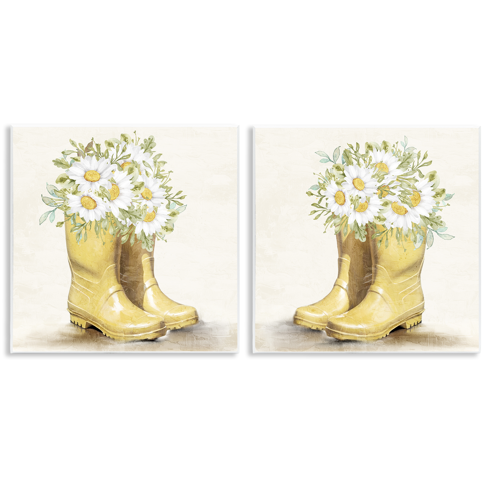 Stupell Industries Yellow Garden Boots Daisies Plants & Flowers Painting Unframed Art Print Wall Art, 12 x 12, Set of 2