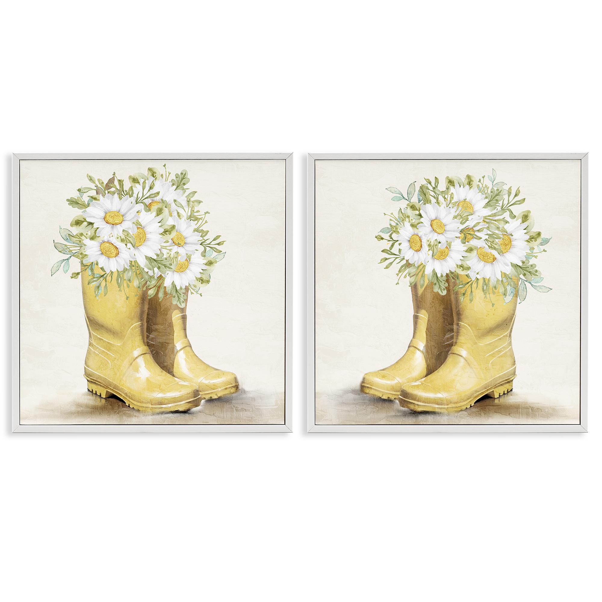 Stupell Industries Yellow Garden Boots Daisies Plants & Flowers Painting White Framed Art Print Wall Art, 12 x 12, Set of 2