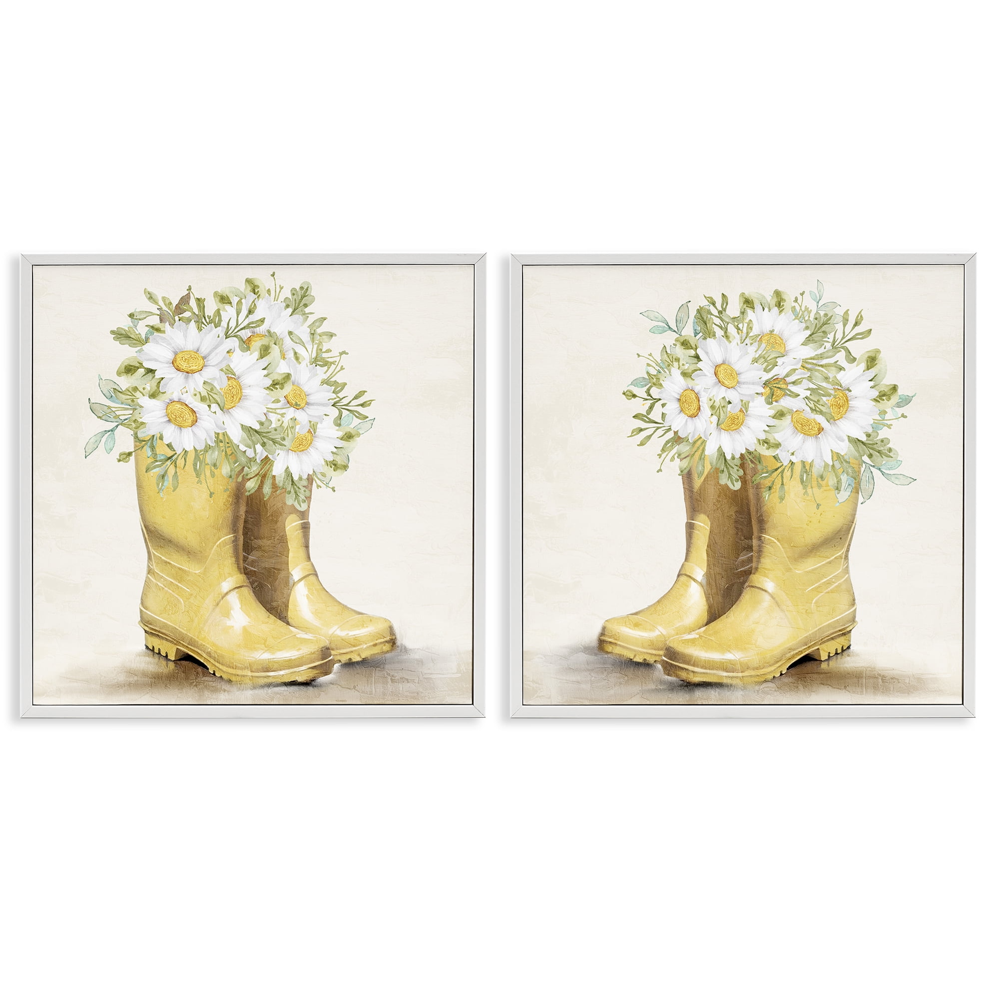 Stupell Industries Yellow Garden Boots Daisies Plants & Flowers Painting White Framed Art Print Wall Art, 17 x 17, Set of 2