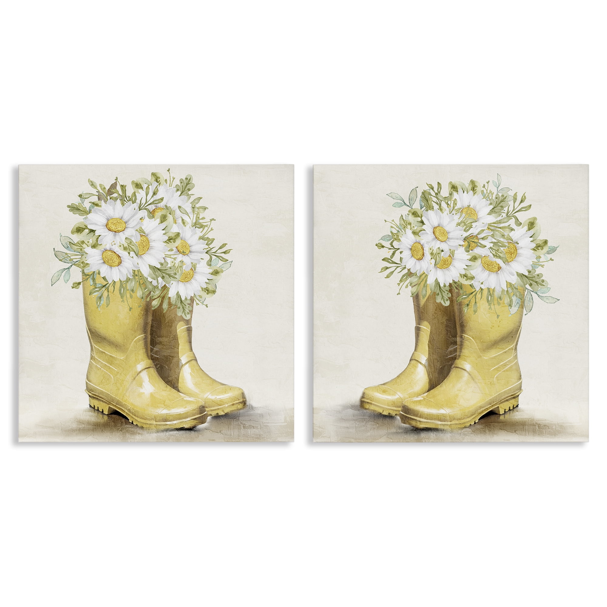 Stupell Industries Yellow Garden Boots Daisies Plants & Flowers Painting Wrapped Canvas Art Print Wall Art, 17 x 17, Set of 2