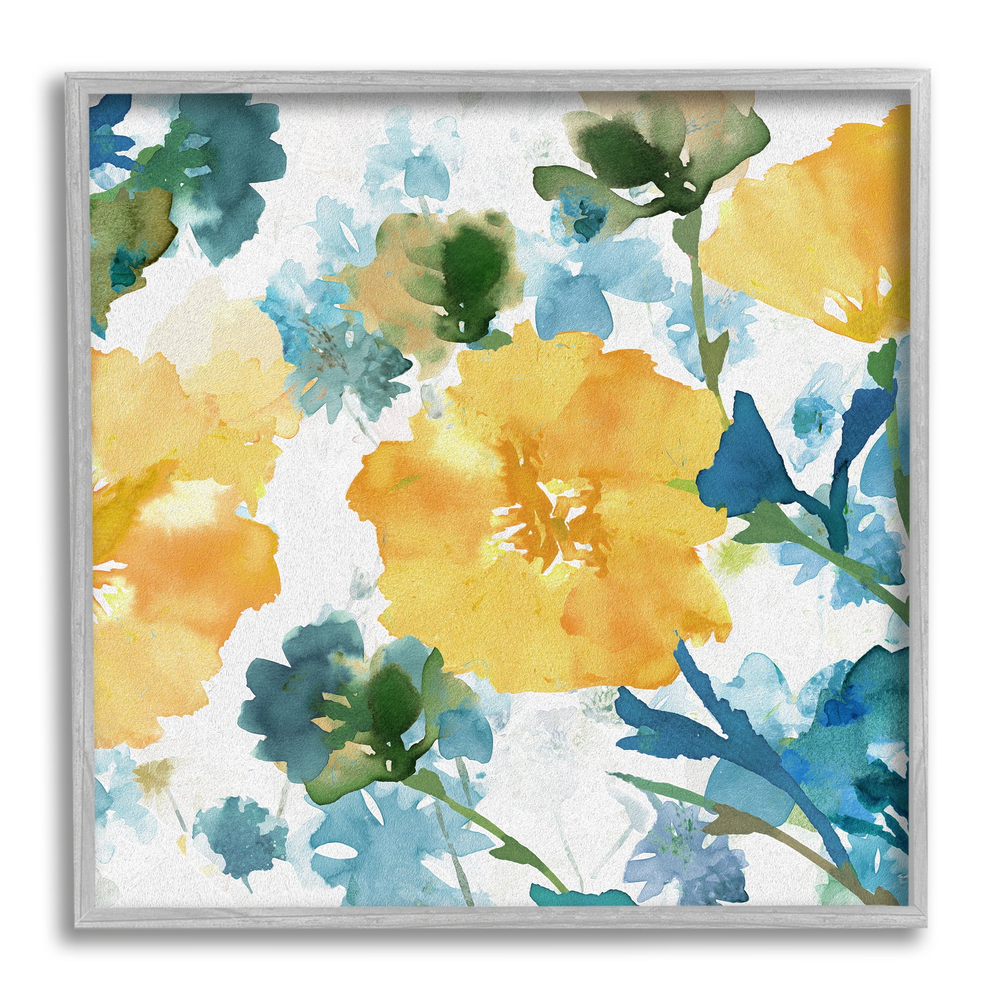 12" x 12" Yellow and Blue Abstract Floral Canvas Print with Gray Frame