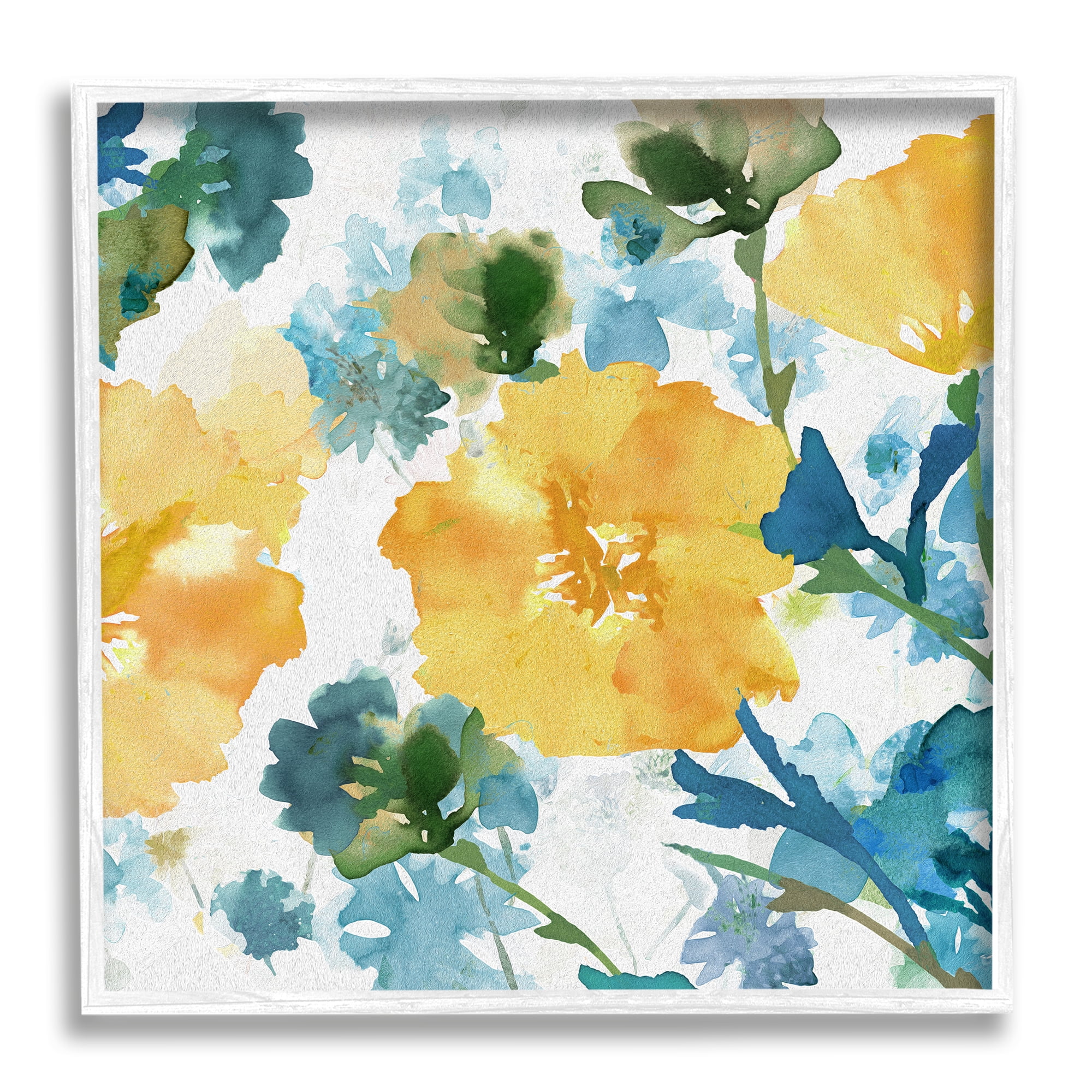 Yellow and Blue Floral Abstract Canvas Print with White Frame, 17 x 17