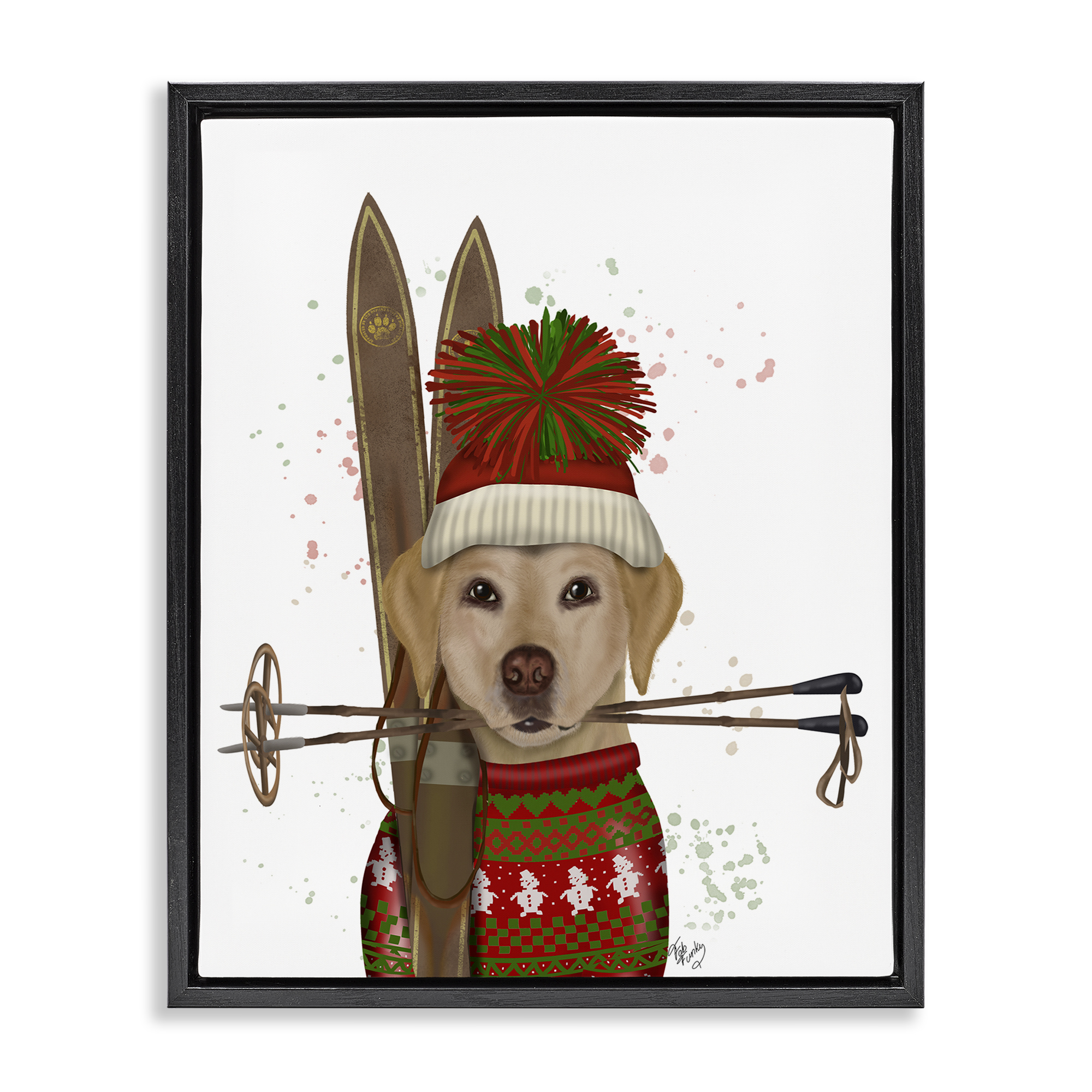 Stupell Industries Yellow Labrador Skiing Animals & Insects Painting Black Floater Framed Canvas Art Prints Wall Art, 25 x 31