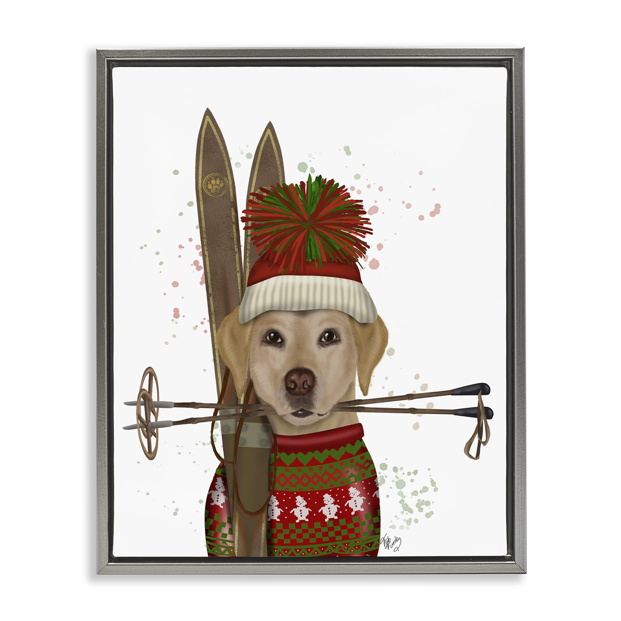 Stupell Industries Yellow Labrador Skiing Animals & Insects Painting Gray Floater Framed Canvas Art Prints Wall Art, 17 x 21