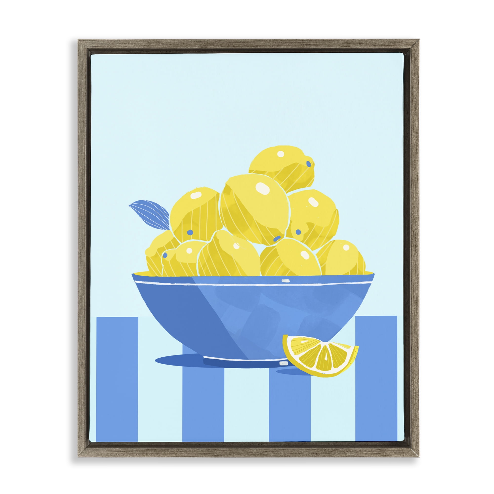 Stupell Industries Yellow Lemon Bowl Striped Brown Framed Floater Canvas Wall Art, design by Lucca Sheppard
