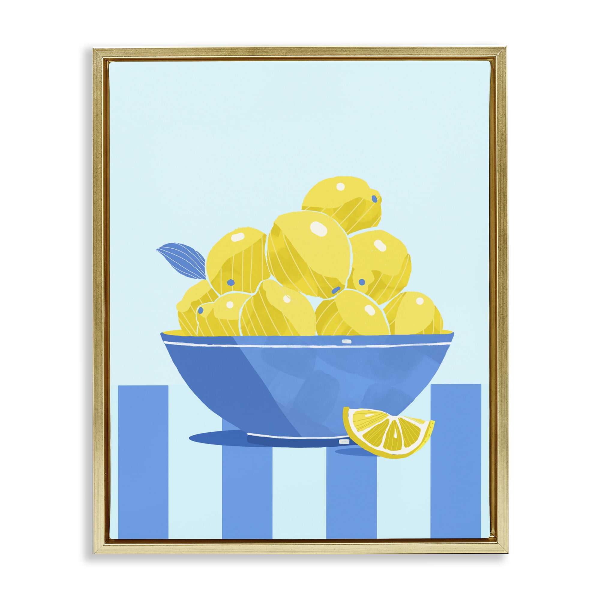 Stupell Industries Yellow Lemon Bowl Striped Gold Framed Floater Canvas Wall Art, design by Lucca Sheppard