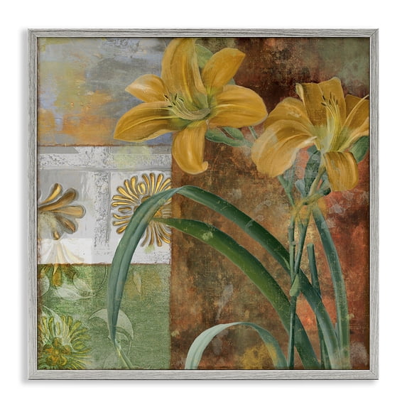 Stupell Industries Yellow Lilies on Vintage Tile Floral Painting Gray Framed Art Print Wall Art, 17 x 17