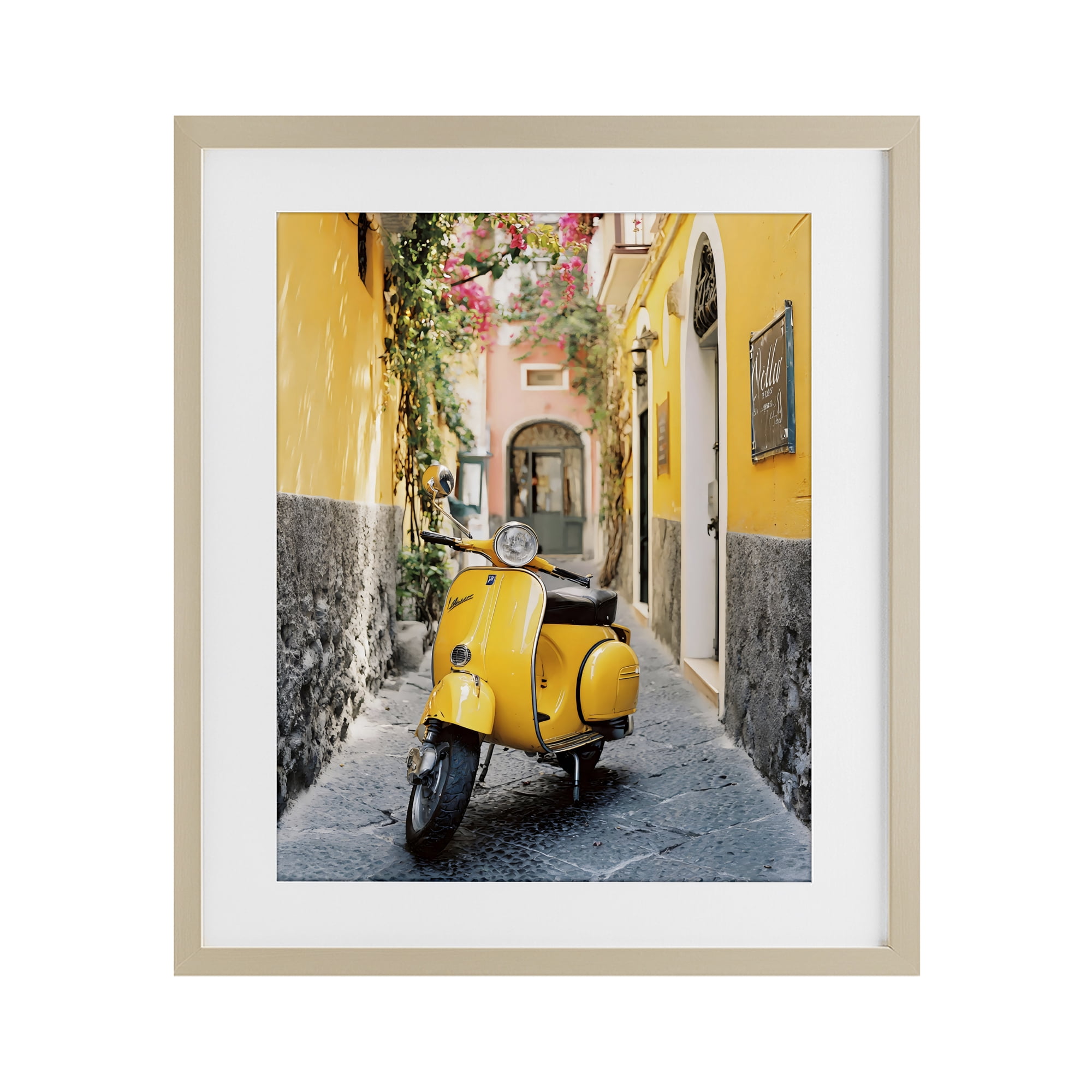 Stupell Industries Yellow Moped in Alley Birch Framed Print Under Glass, design by Franklyn Gregory