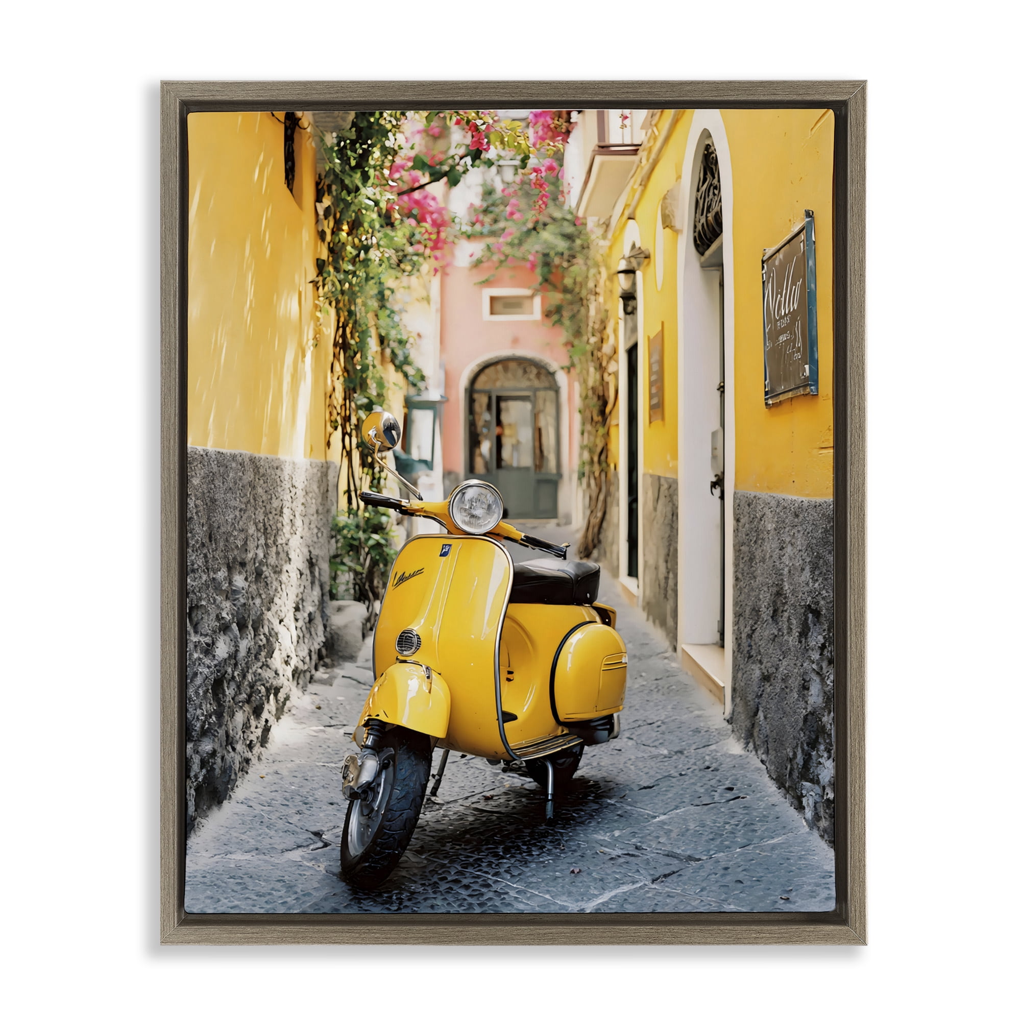 Stupell Industries Yellow Moped in Alley Brown Framed Floater Canvas Wall Art, design by Franklyn Gregory