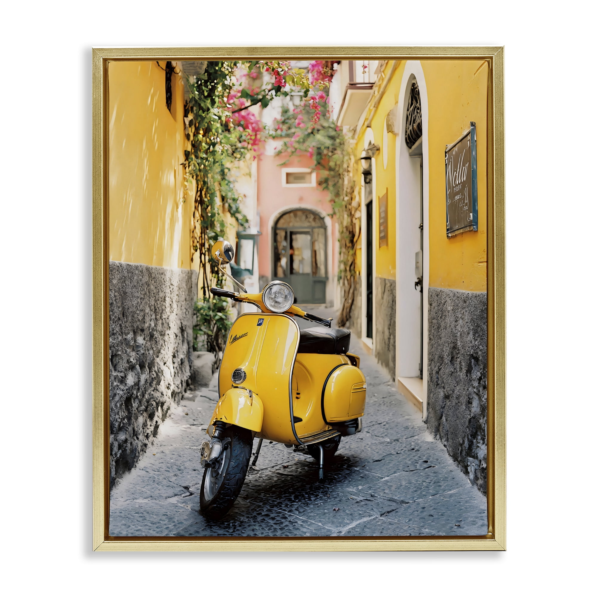 Stupell Industries Yellow Moped in Alley Gold Framed Floater Canvas Wall Art, design by Franklyn Gregory