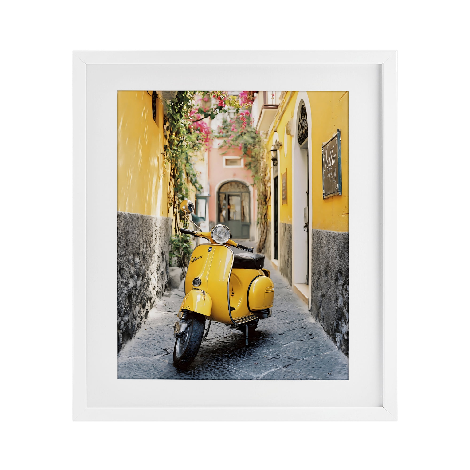 Stupell Industries Yellow Moped in Alley White Framed Print Under Glass, design by Franklyn Gregory