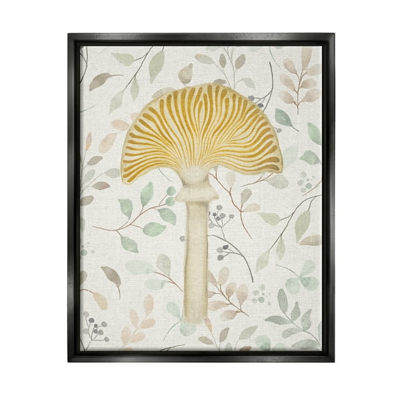 Stupell Industries Yellow Mushroom & Leaves Botanical & Floral Painting Black Floater Framed Canvas Art Print Wall Art, 17 x 21