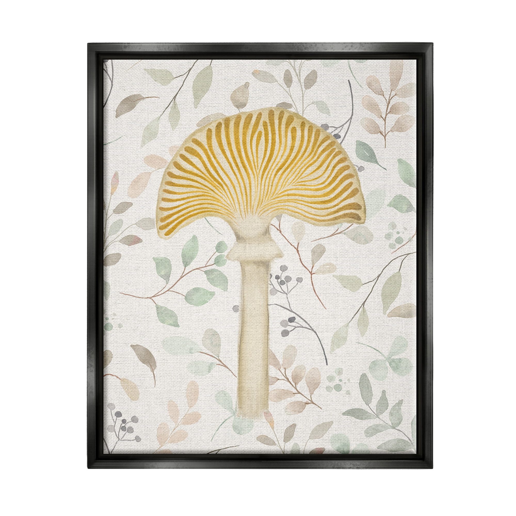 Stupell Industries Yellow Mushroom & Leaves Botanical & Floral Painting Black Floater Framed Canvas Art Print Wall Art, 25 x 31