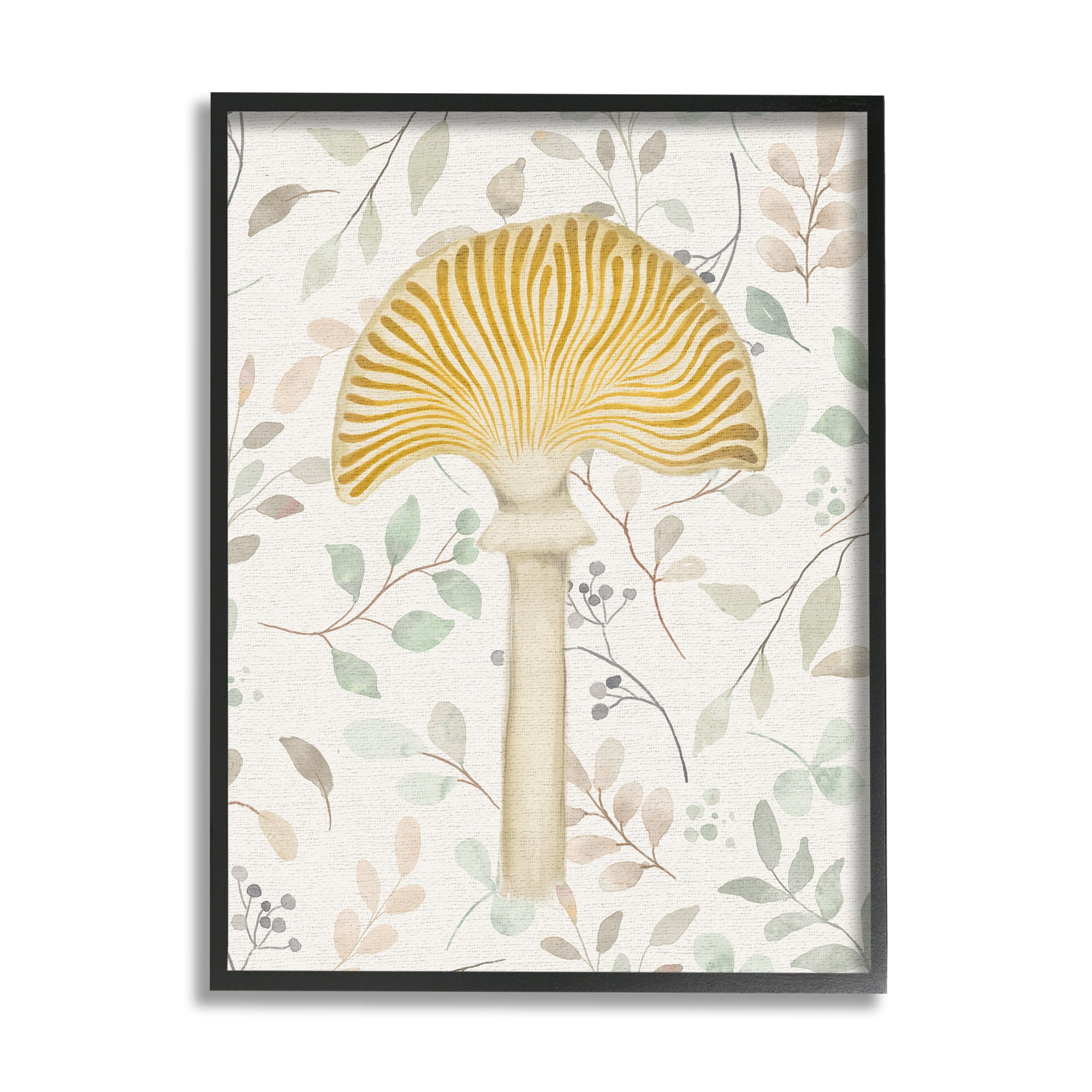 Stupell Industries Yellow Mushroom & Leaves Botanical & Floral Painting Black Framed Art Print Wall Art, 16 x 20