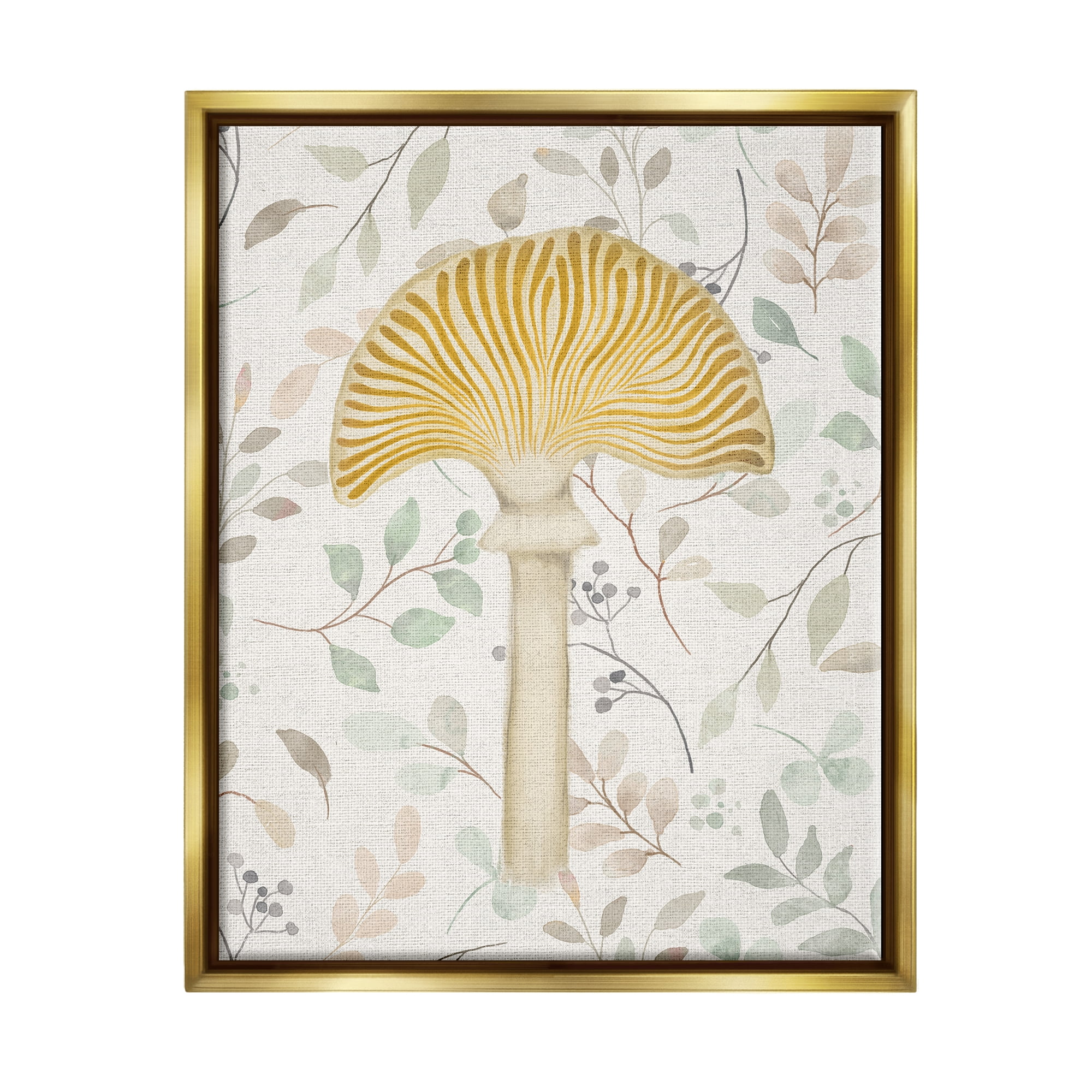 Stupell Industries Yellow Mushroom & Leaves Botanical & Floral Painting Gold Floater Framed Canvas Art Print Wall Art, 25 x 31