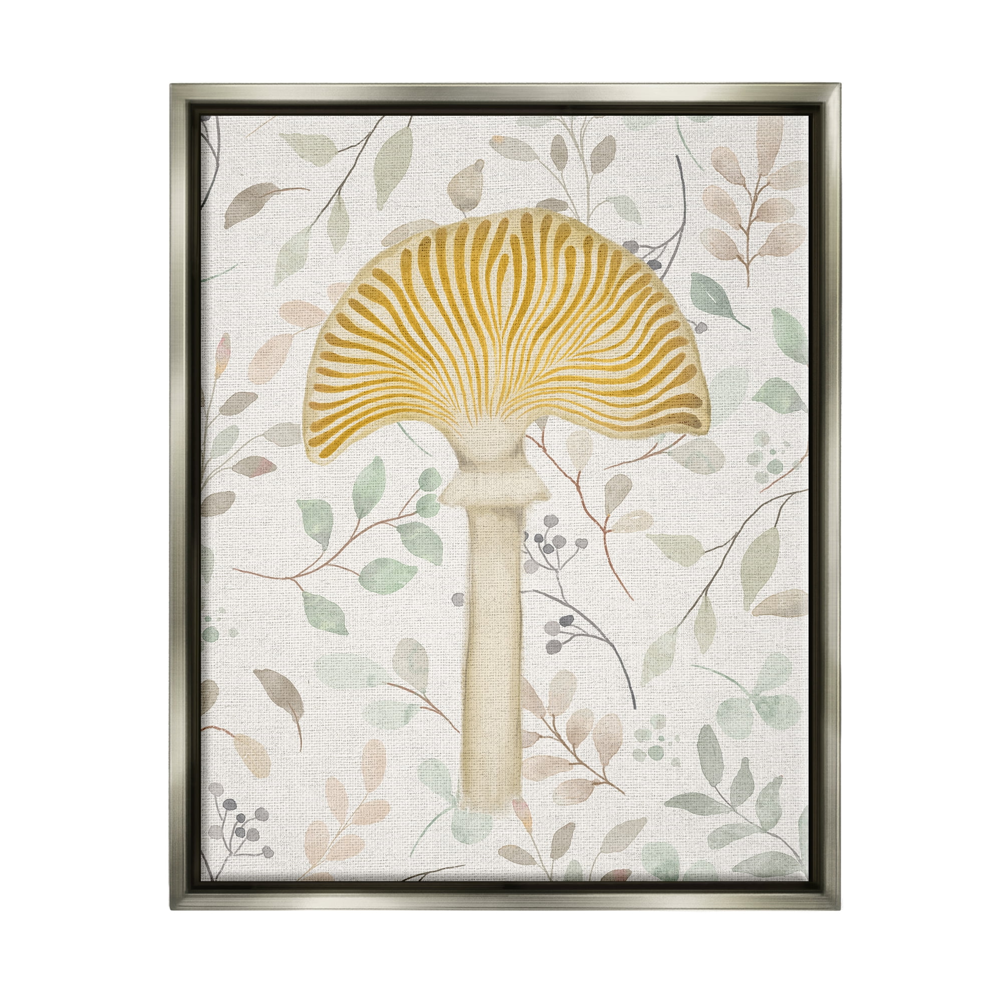 Stupell Industries Yellow Mushroom & Leaves Botanical & Floral Painting Gray Floater Framed Canvas Art Print Wall Art, 25 x 31