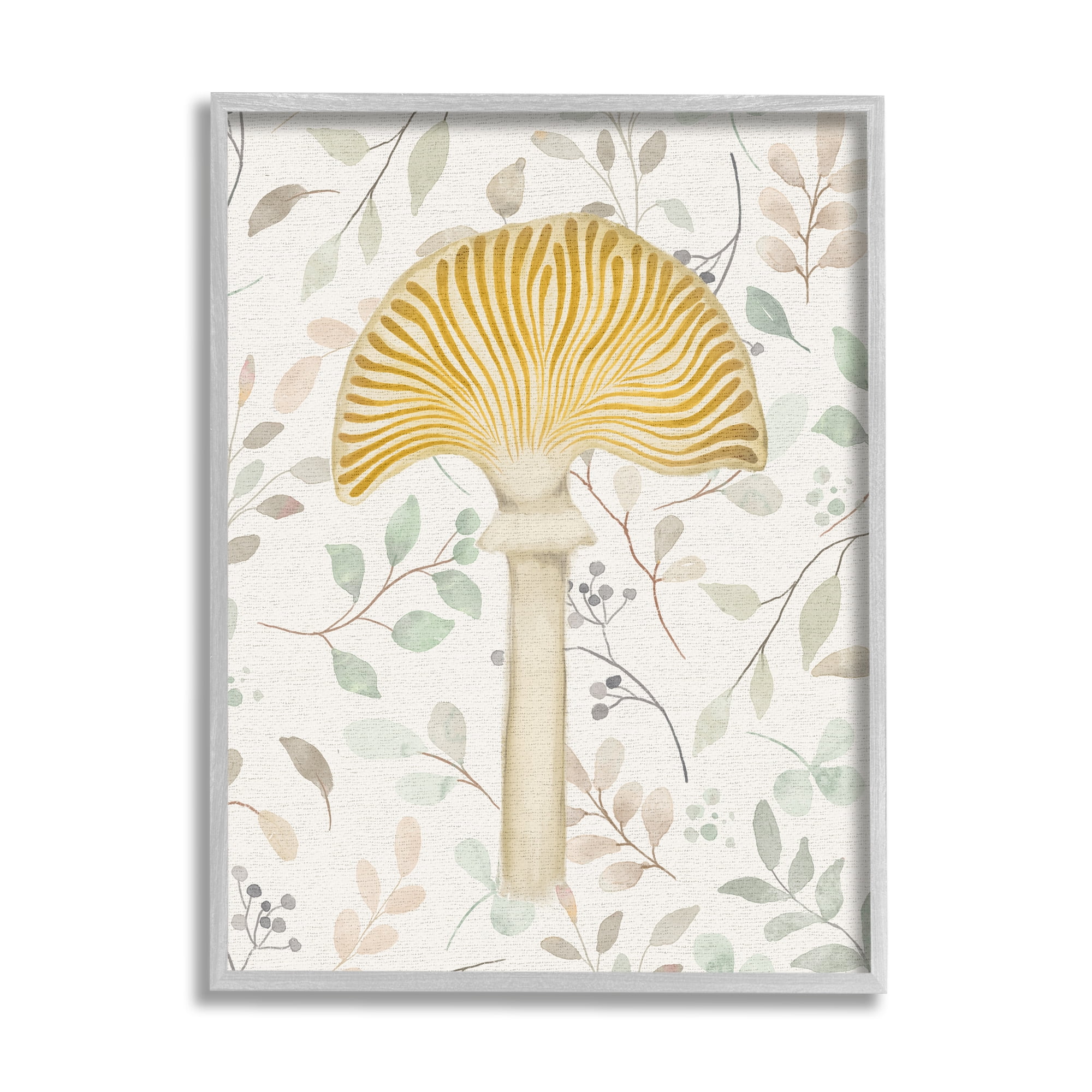 Stupell Industries Yellow Mushroom & Leaves Botanical & Floral Painting Gray Framed Art Print Wall Art, 24 x 30