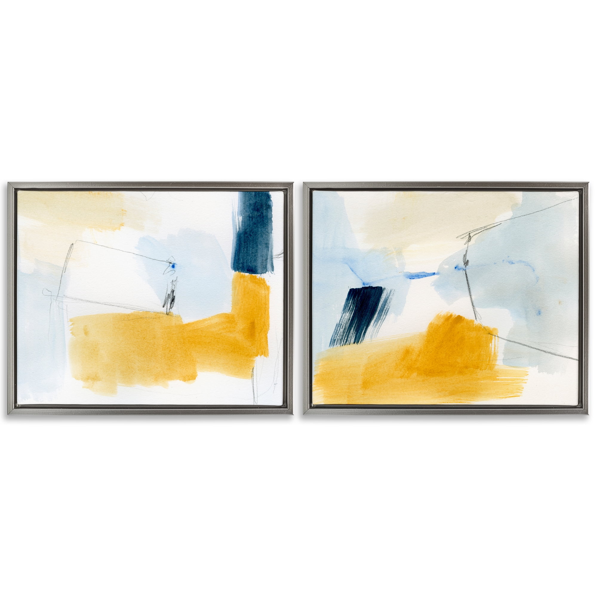 Stupell Industries Yellow Patchy Abstract Abstract Painting Gray Floater Framed Canvas Art Print Wall Art, 21 x 17, Set of 2